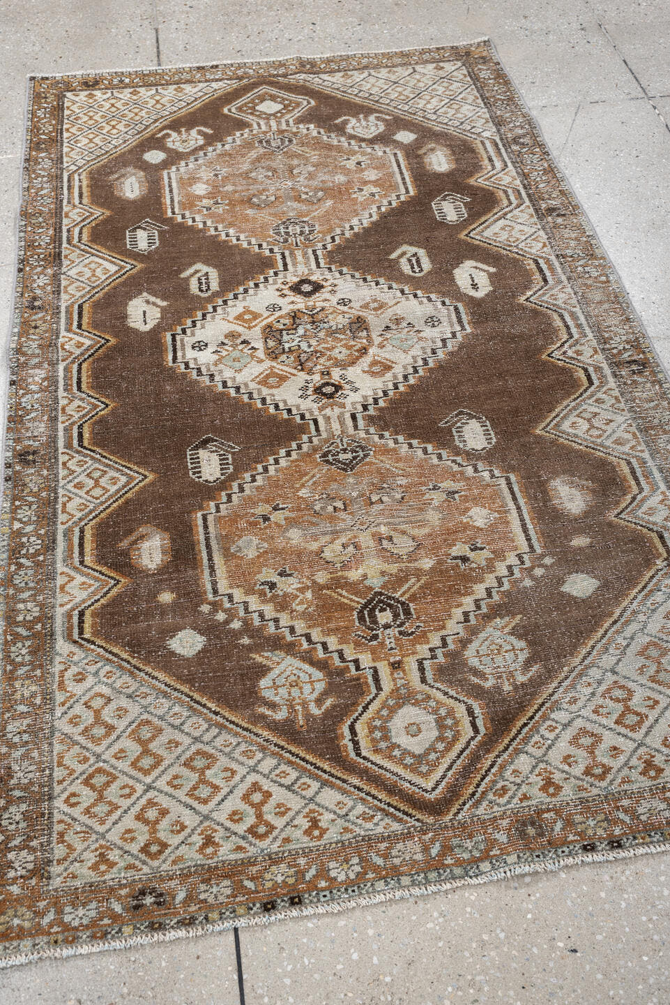 3' x 5' one-of-a-kind handmade antique Hamadan small size rug. Color palette: brown, ivory, camel, taupe, rust, charcoal