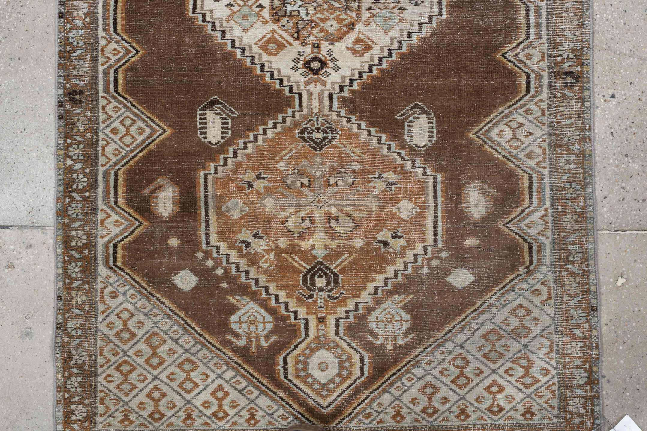 3' x 5' one-of-a-kind handmade antique Hamadan small size rug. Color palette: brown, ivory, camel, taupe, rust, charcoal