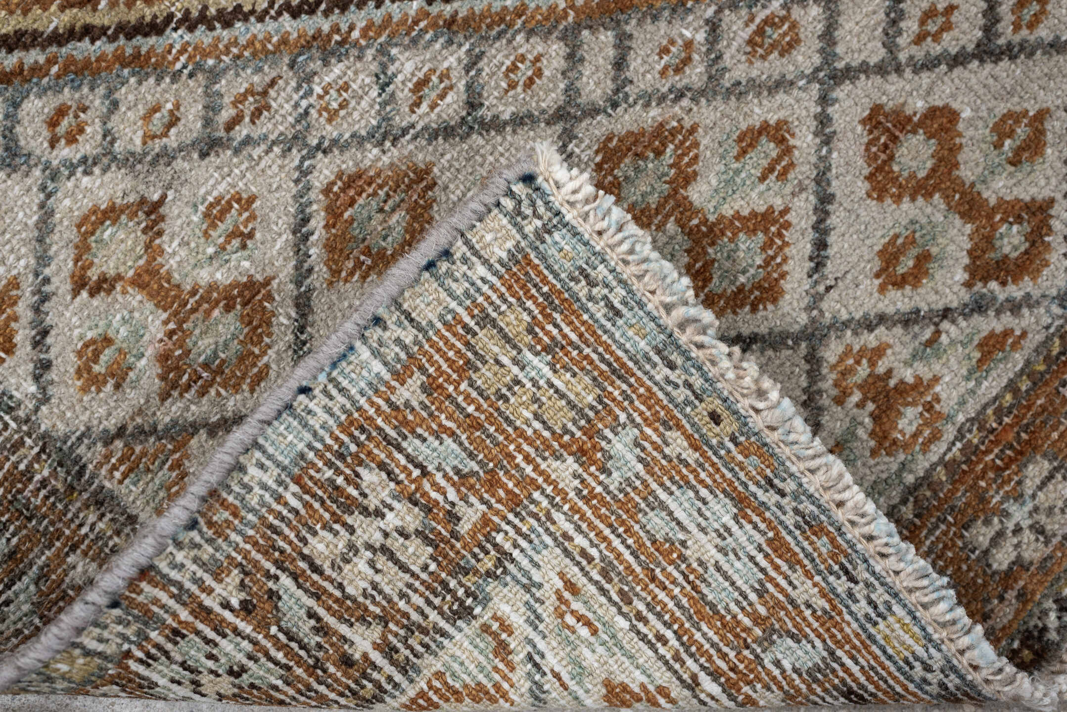 3' x 5' one-of-a-kind handmade antique Hamadan small size rug. Color palette: brown, ivory, camel, taupe, rust, charcoal
