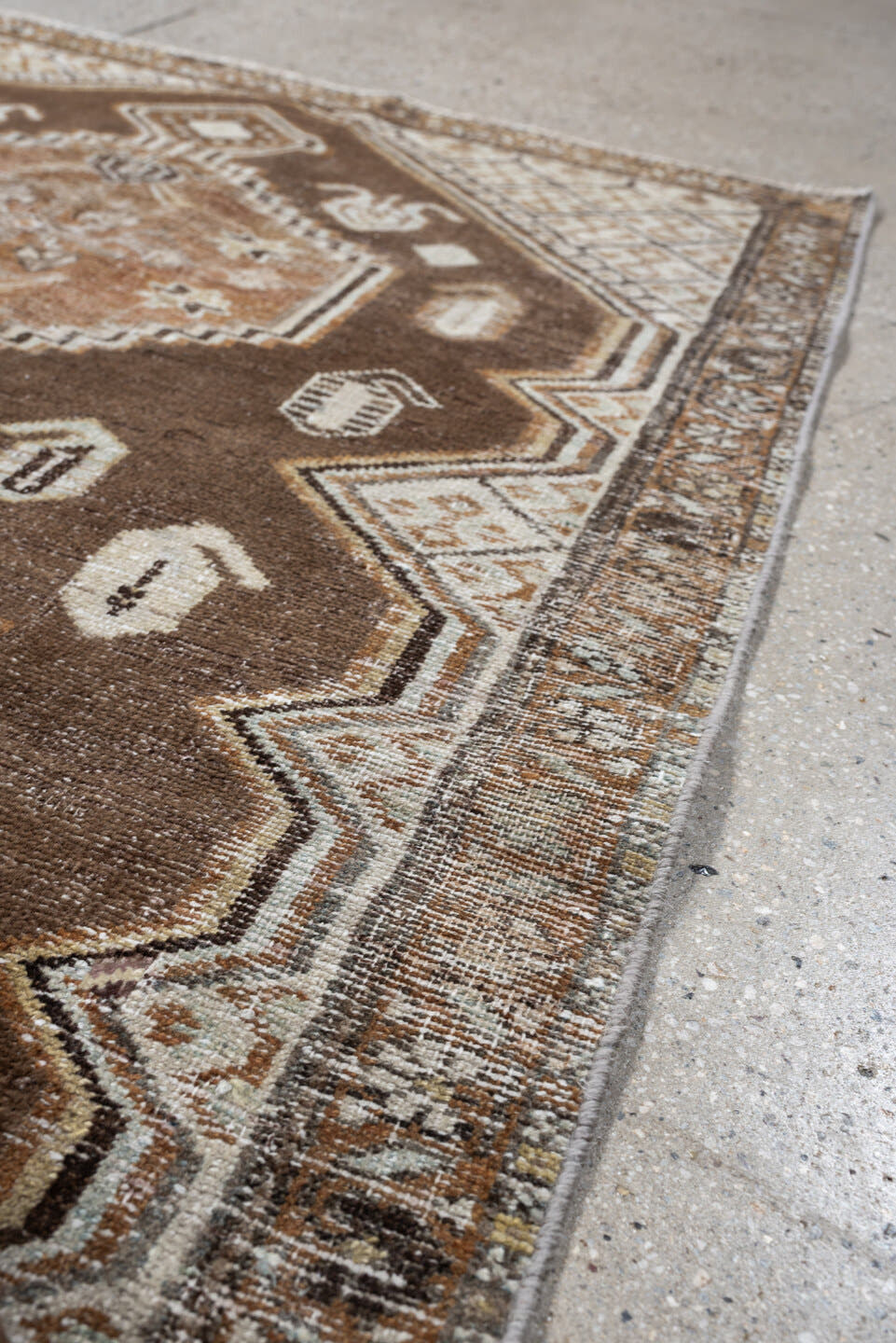 3' x 5' one-of-a-kind handmade antique Hamadan small size rug. Color palette: brown, ivory, camel, taupe, rust, charcoal