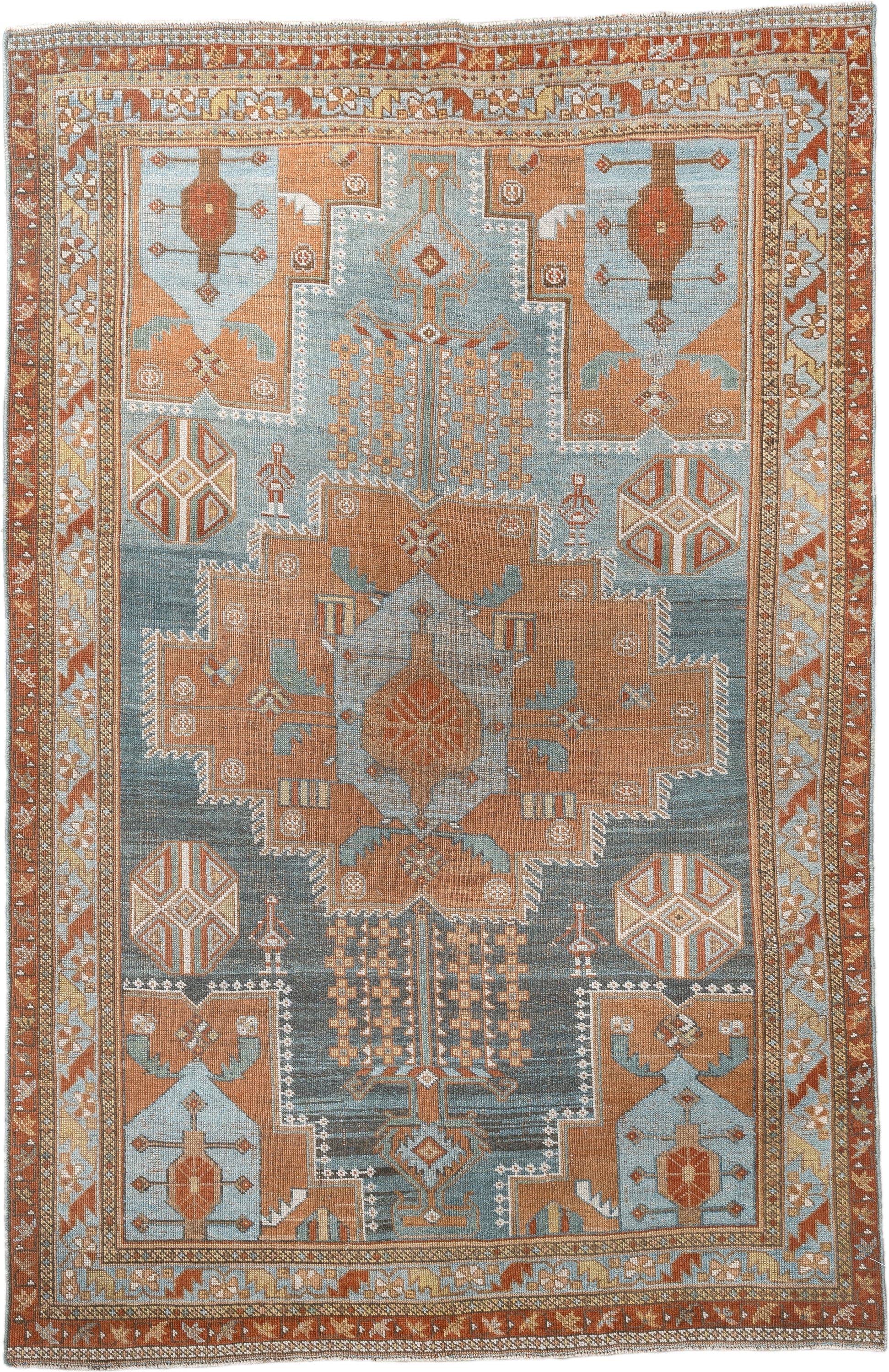 4' x 6' one-of-a-kind handmade antique Afshar small size rug. Color palette: blue, terra cotta, ivory, rust, camel, taupe