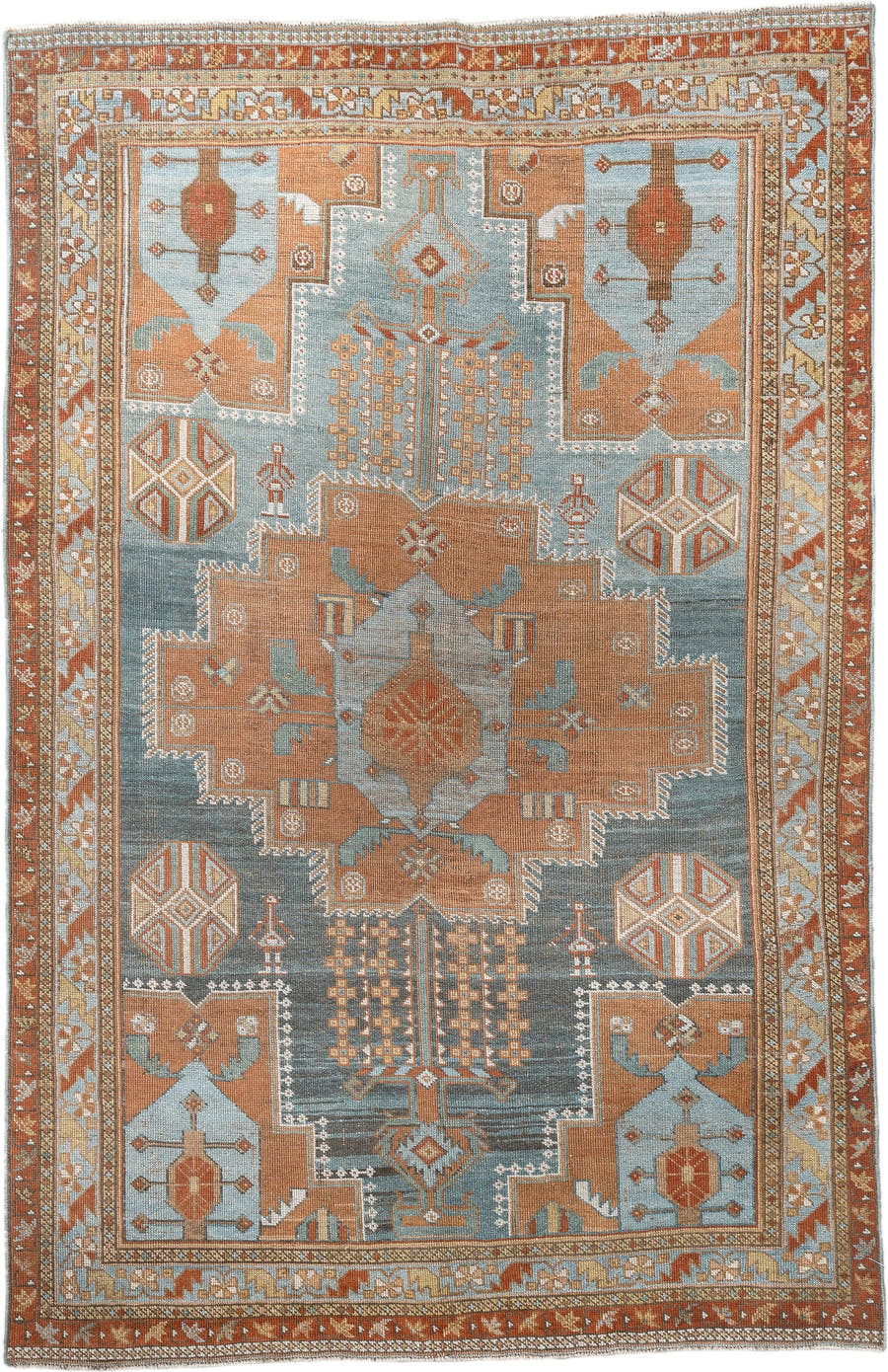 4' x 6' one-of-a-kind handmade antique Afshar small size rug. Color palette: blue, terra cotta, ivory, rust, camel, taupe