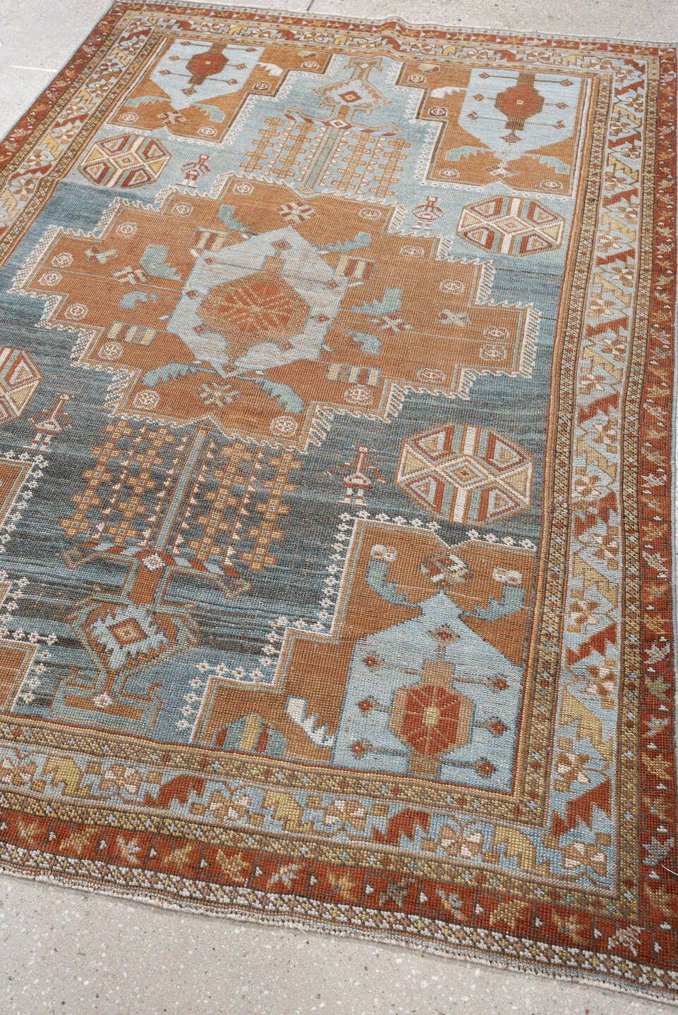 4' x 6' one-of-a-kind handmade antique Afshar small size rug. Color palette: blue, terra cotta, ivory, rust, camel, taupe