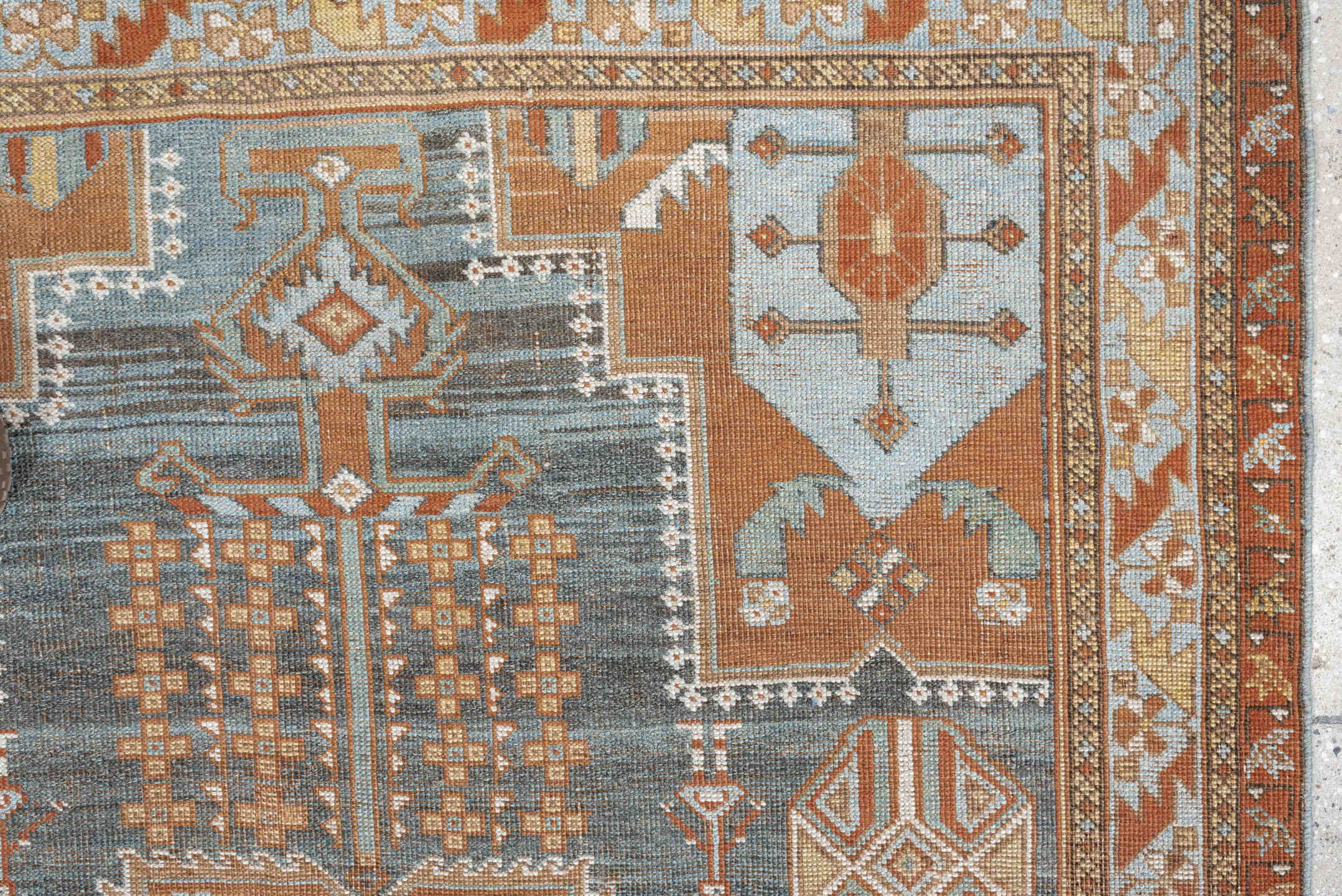 4' x 6' one-of-a-kind handmade antique Afshar small size rug. Color palette: blue, terra cotta, ivory, rust, camel, taupe