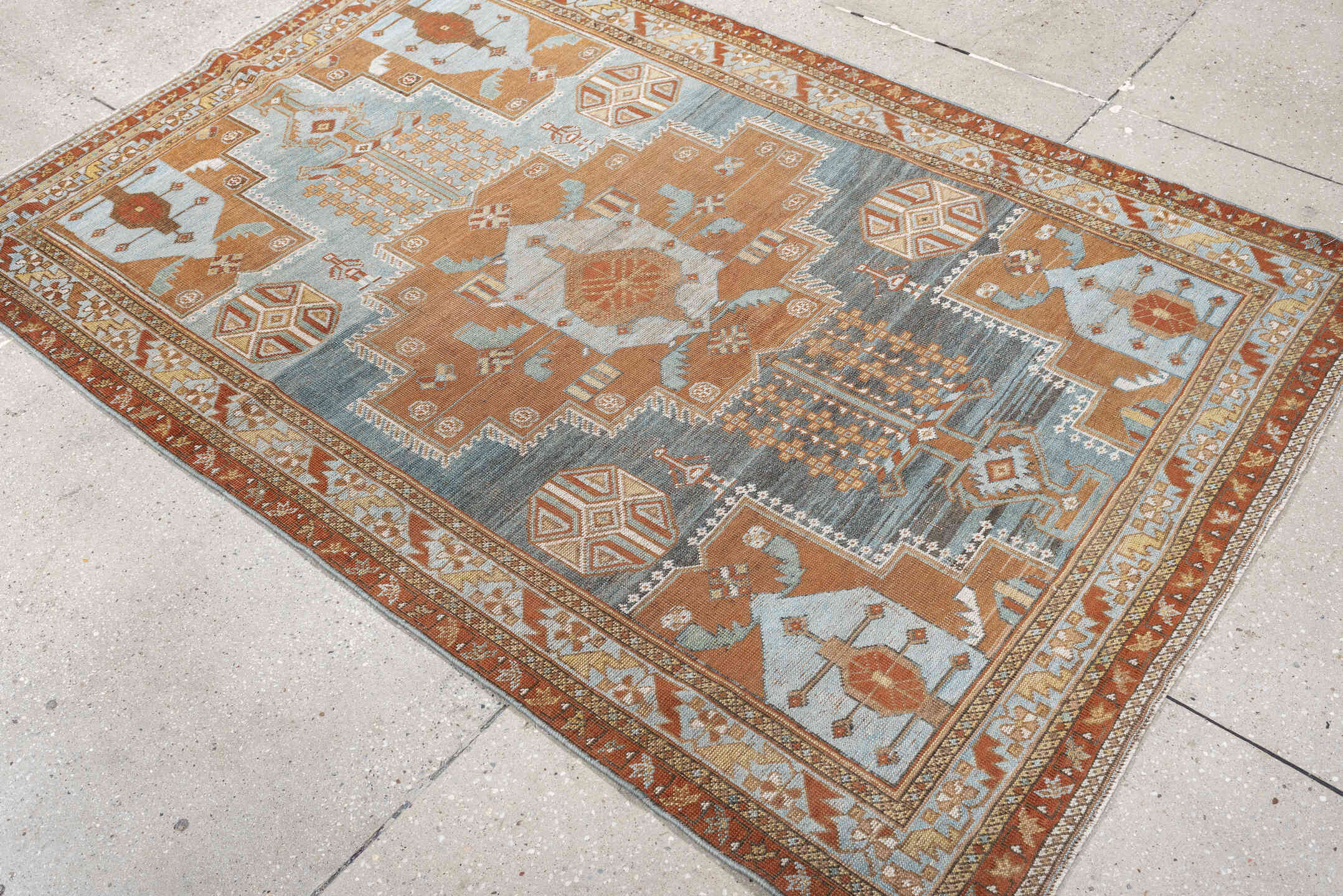4' x 6' one-of-a-kind handmade antique Afshar small size rug. Color palette: blue, terra cotta, ivory, rust, camel, taupe