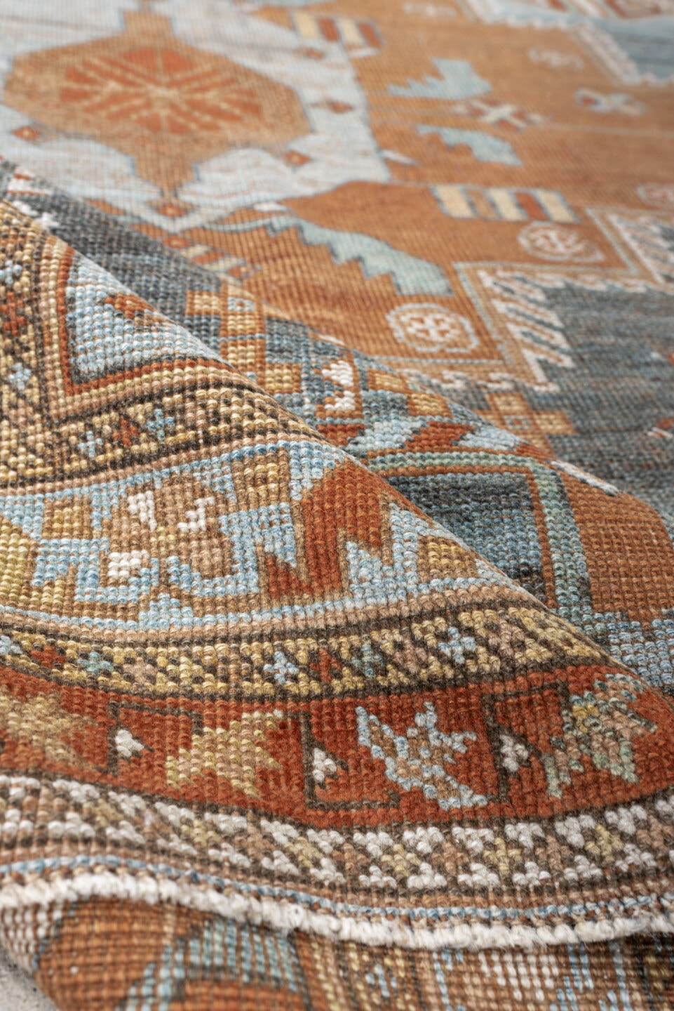 4' x 6' one-of-a-kind handmade antique Afshar small size rug. Color palette: blue, terra cotta, ivory, rust, camel, taupe