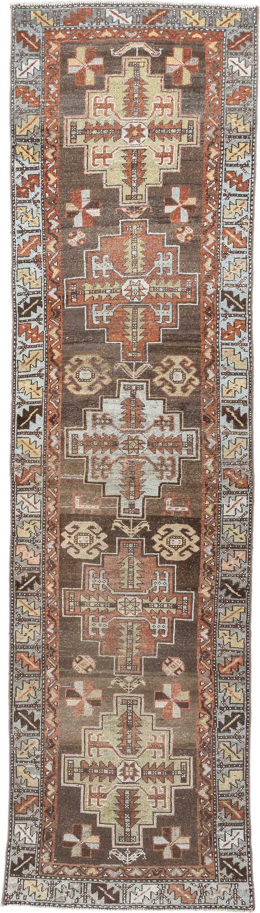 2' x 9' one-of-a-kind handmade antique Hamadan runner rug. Color palette: brown, ivory, rust, taupe, camel, charcoal