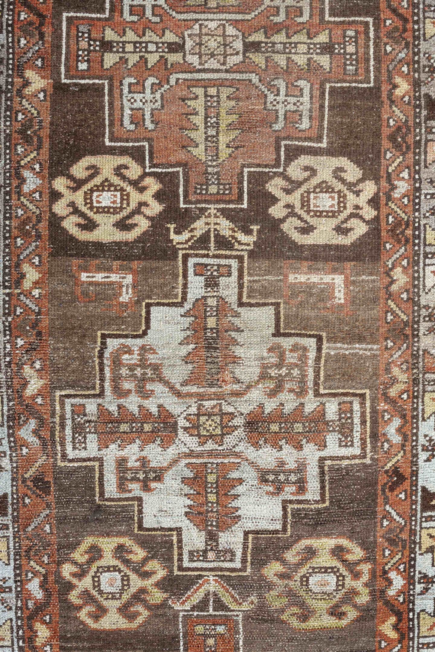2' x 9' one-of-a-kind handmade antique Hamadan runner rug. Color palette: brown, ivory, rust, taupe, camel, charcoal