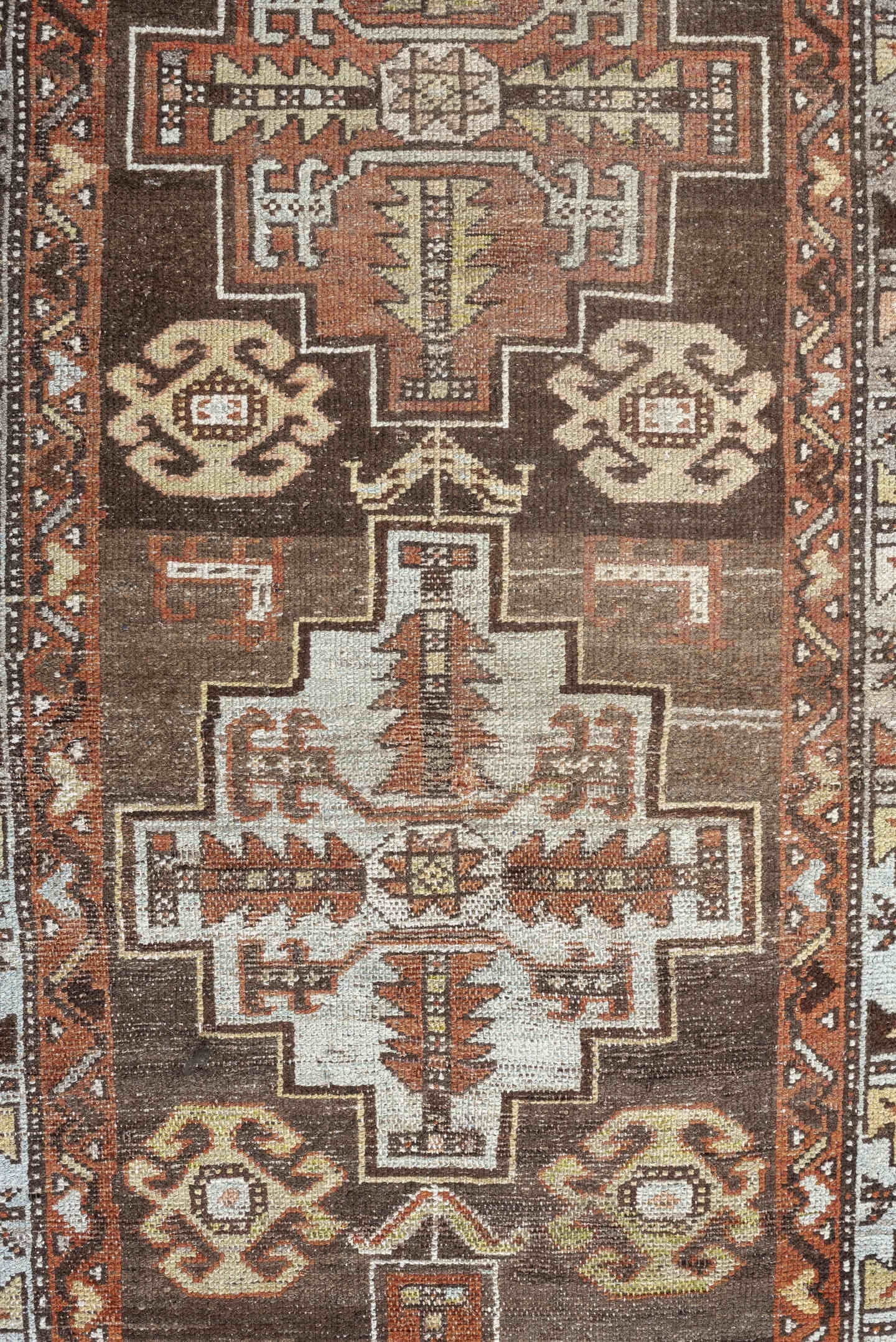 2' x 9' one-of-a-kind handmade antique Hamadan runner rug. Color palette: brown, ivory, rust, taupe, camel, charcoal