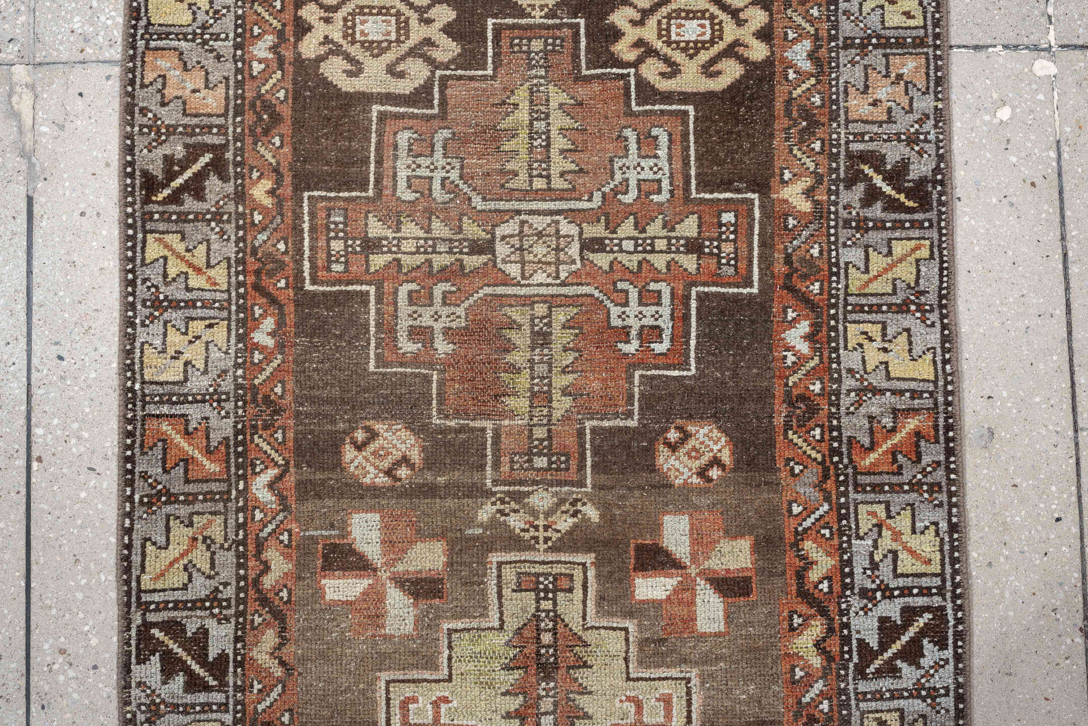 2' x 9' one-of-a-kind handmade antique Hamadan runner rug. Color palette: brown, ivory, rust, taupe, camel, charcoal
