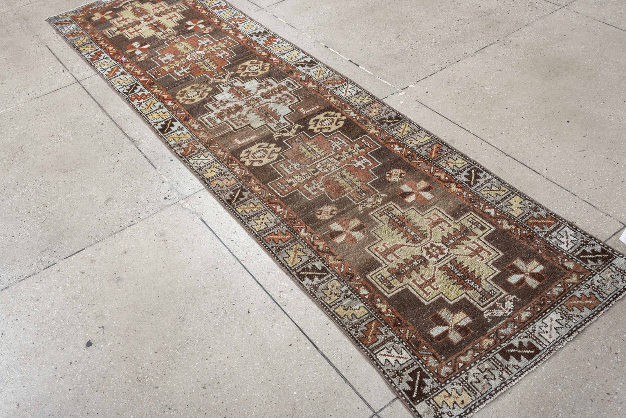 2' x 9' one-of-a-kind handmade antique Hamadan runner rug. Color palette: brown, ivory, rust, taupe, camel, charcoal