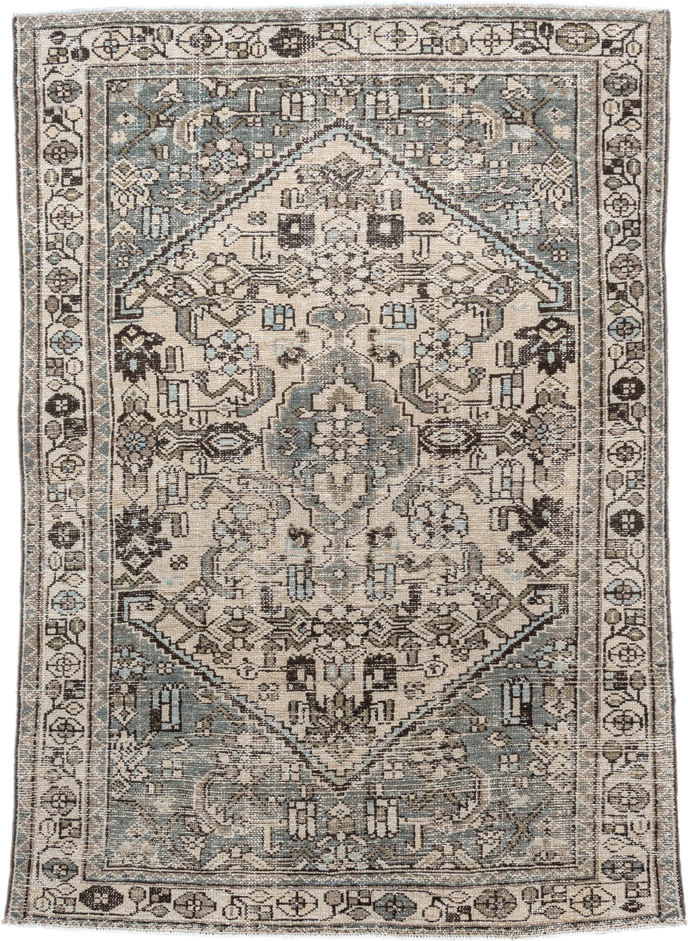 4' x 6' one-of-a-kind handmade antique Hamadan small size rug. Color palette: ivory, sky blue, charcoal, taupe, slate, cream