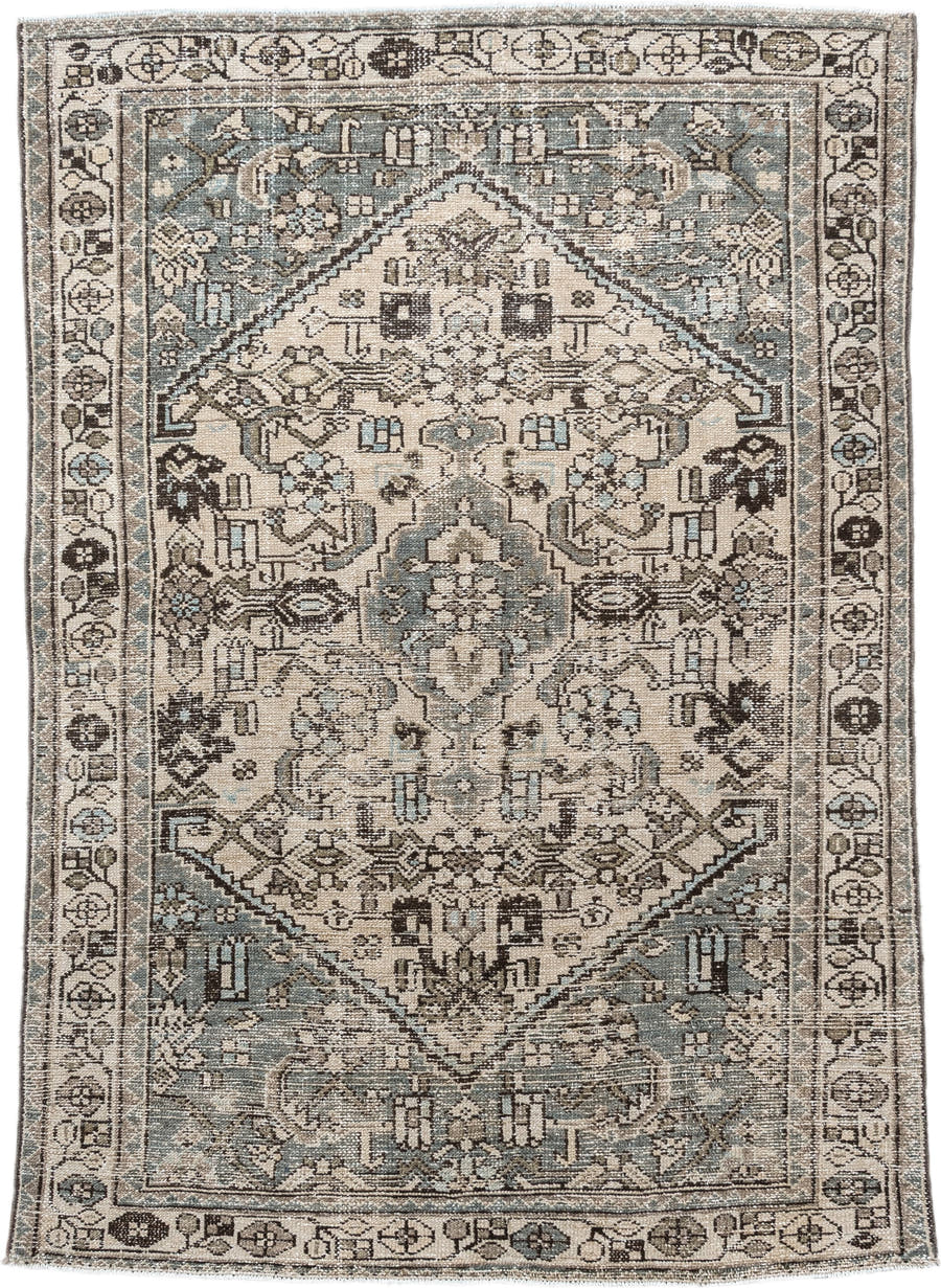 4' x 6' one-of-a-kind handmade antique Hamadan small size rug. Color palette: ivory, sky blue, charcoal, taupe, slate, cream