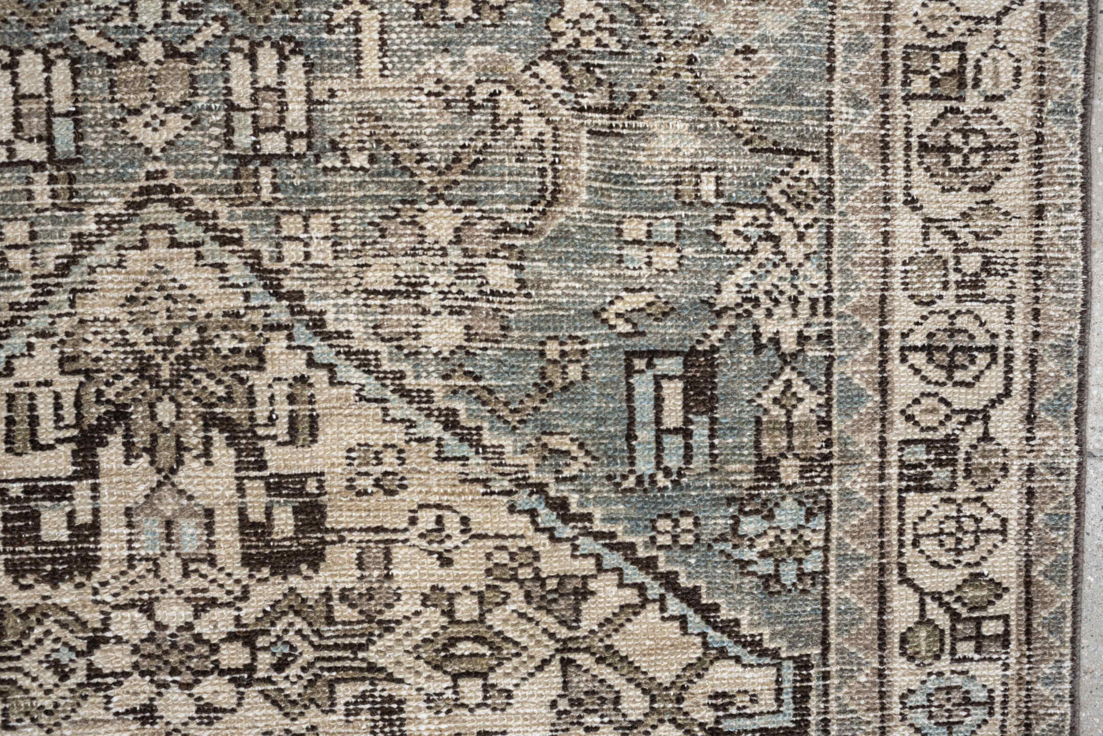4' x 6' one-of-a-kind handmade antique Hamadan small size rug. Color palette: ivory, sky blue, charcoal, taupe, slate, cream