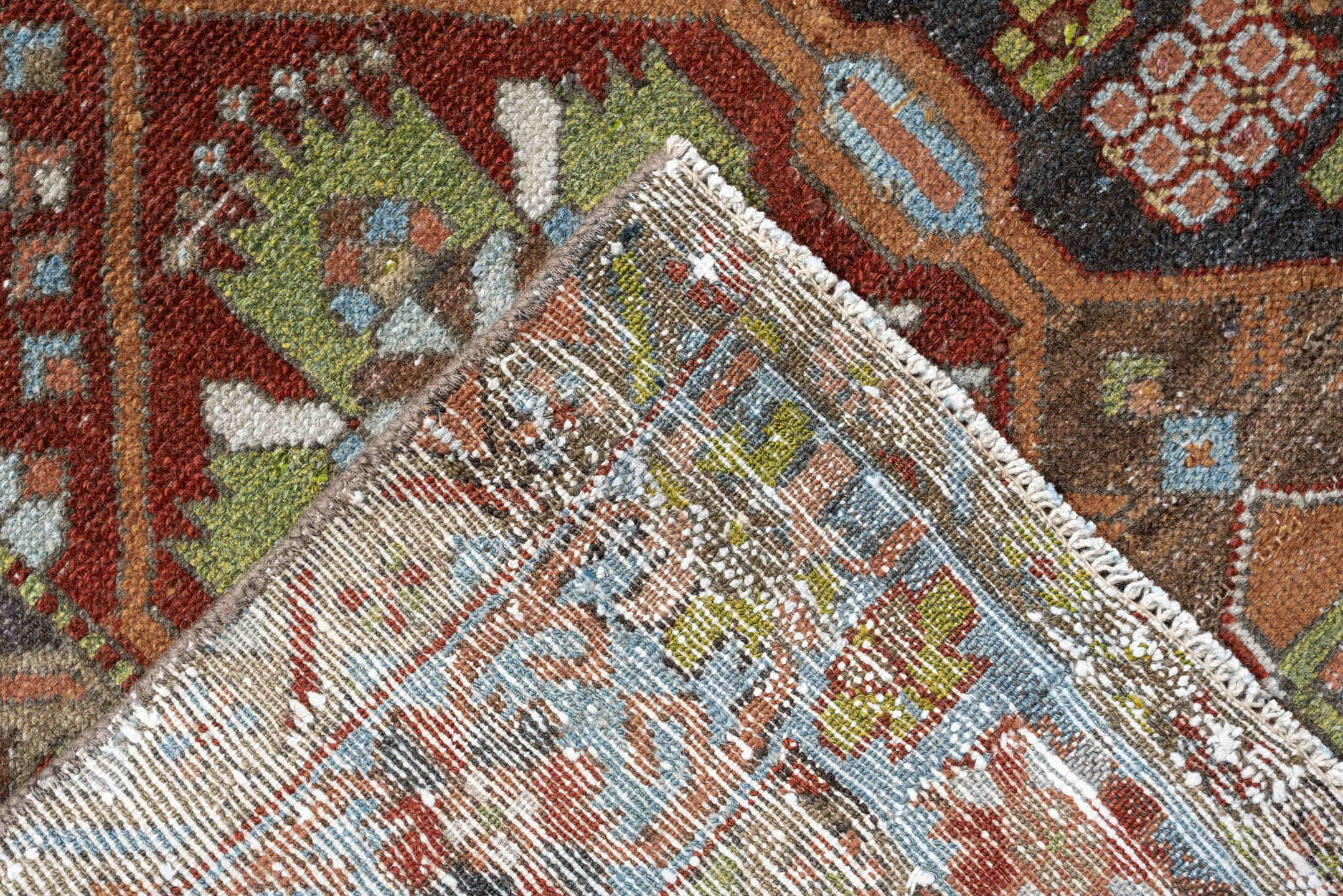 6' x 9' one-of-a-kind handmade antique Baktiary large size rug. Color palette: terra cotta, sky blue, olive, ivory, navy