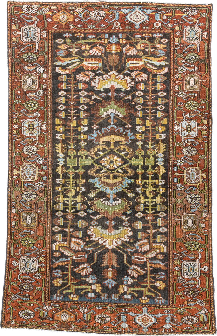 4' x 6' one-of-a-kind handmade antique Hamadan small size rug. Color palette: rust, brown, ivory, sky blue, sage, gold