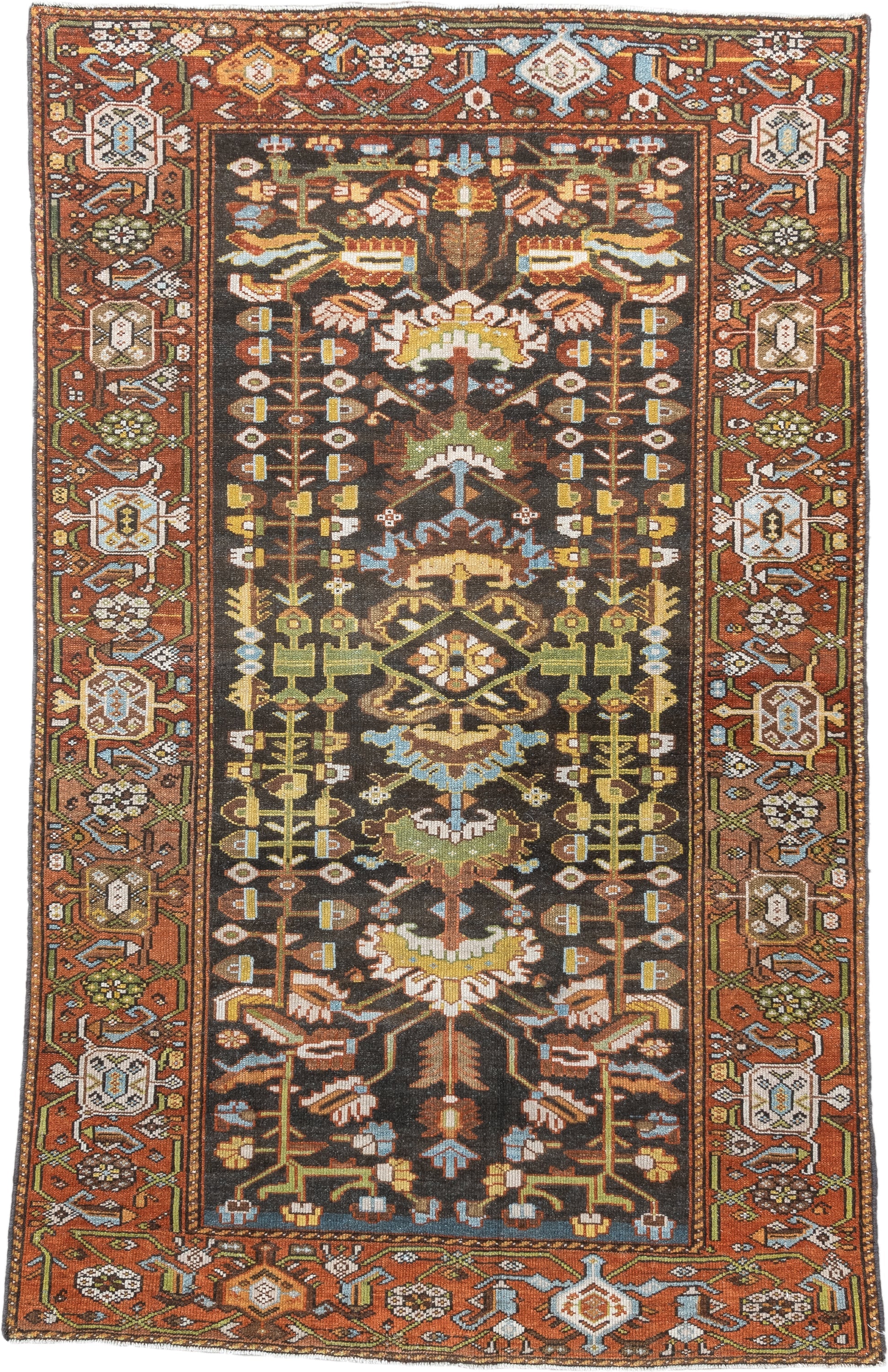 4' x 6' one-of-a-kind handmade antique Hamadan small size rug. Color palette: rust, brown, ivory, sky blue, sage, gold