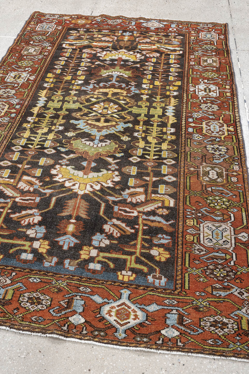 4' x 6' one-of-a-kind handmade antique Hamadan small size rug. Color palette: rust, brown, ivory, sky blue, sage, gold