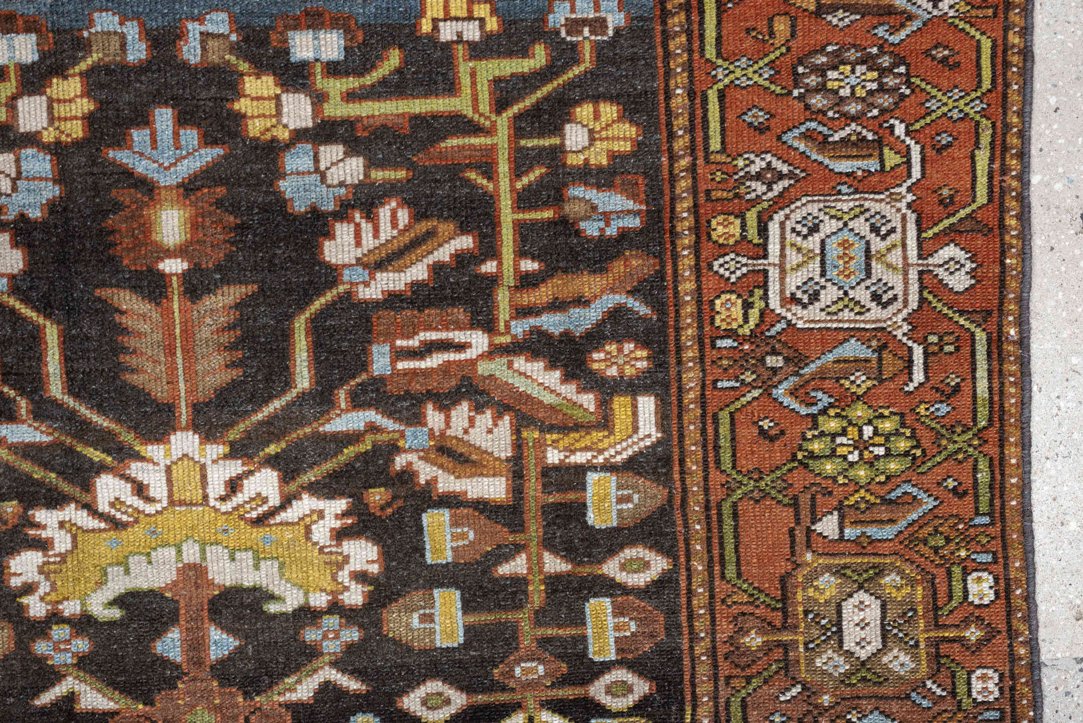 4' x 6' one-of-a-kind handmade antique Hamadan small size rug. Color palette: rust, brown, ivory, sky blue, sage, gold