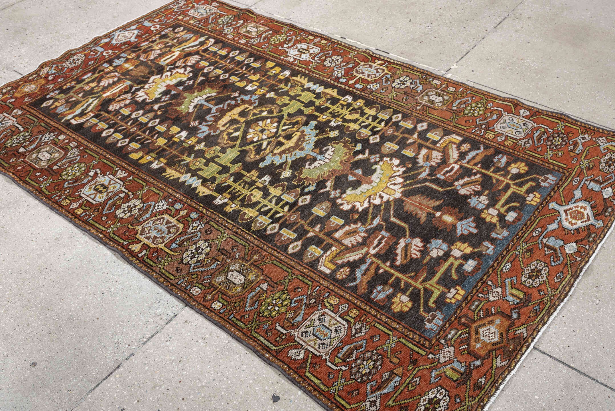 4' x 6' one-of-a-kind handmade antique Hamadan small size rug. Color palette: rust, brown, ivory, sky blue, sage, gold
