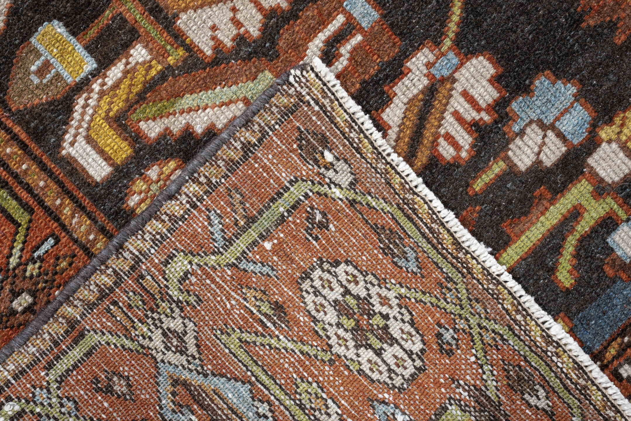 4' x 6' one-of-a-kind handmade antique Hamadan small size rug. Color palette: rust, brown, ivory, sky blue, sage, gold