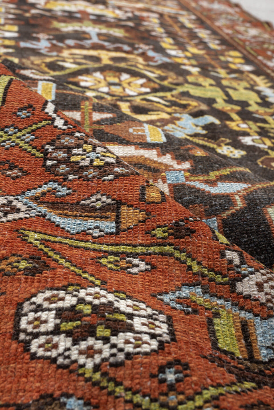 4' x 6' one-of-a-kind handmade antique Hamadan small size rug. Color palette: rust, brown, ivory, sky blue, sage, gold