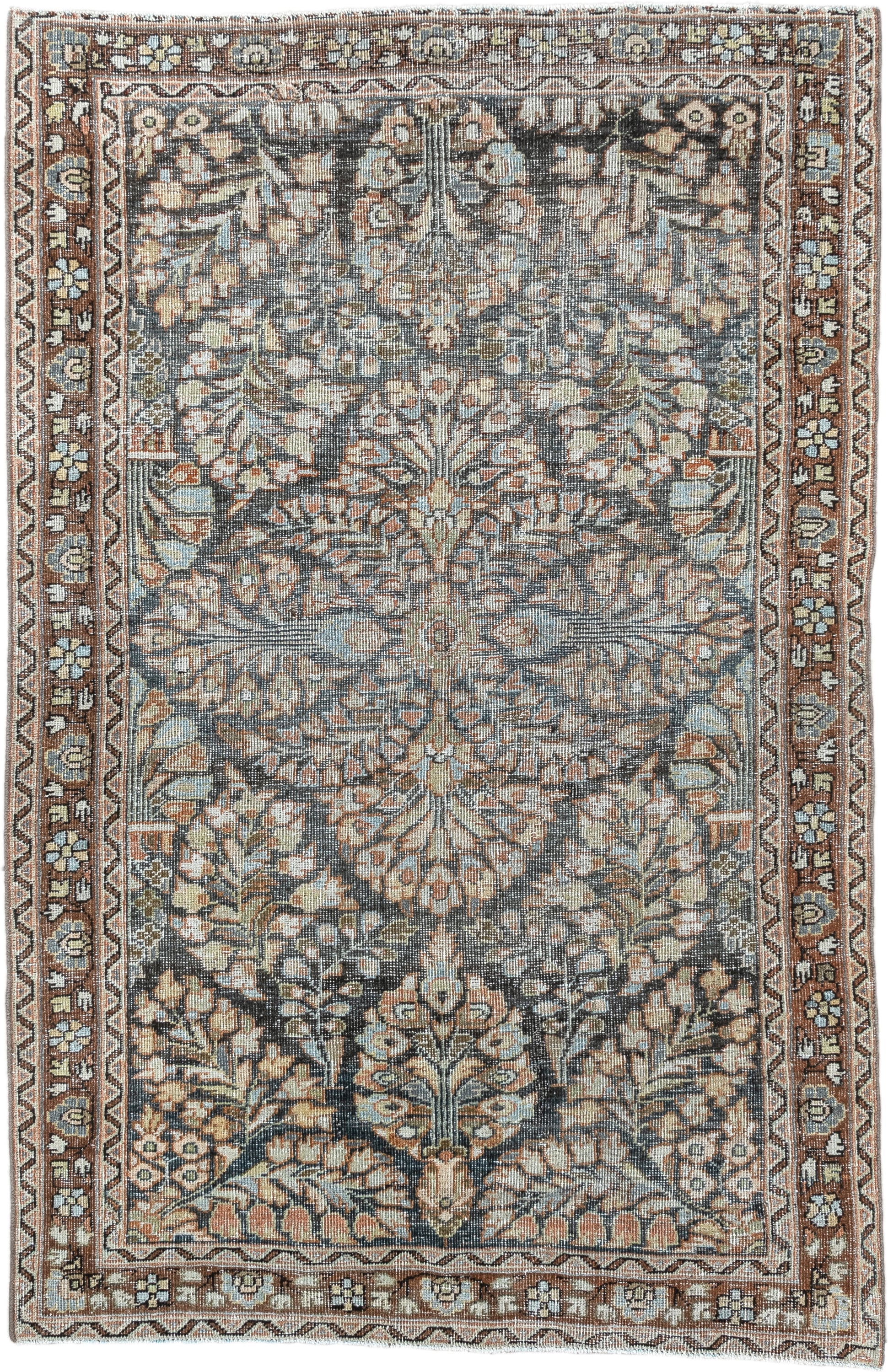 4' x 6' one-of-a-kind handmade antique Mahal small size rug. Color palette: rust, ivory, slate, taupe, camel, sage, charcoal