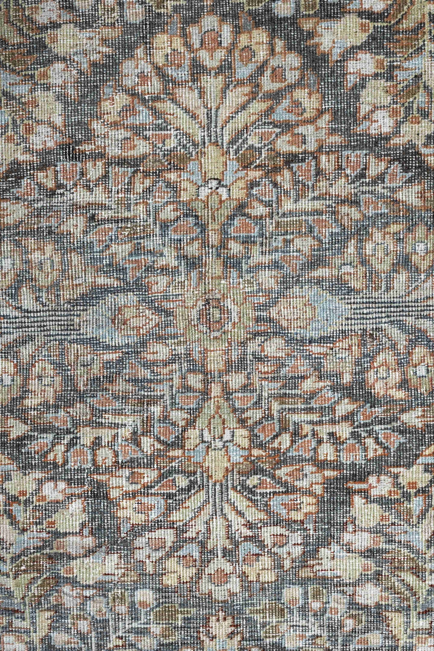 4' x 6' one-of-a-kind handmade antique Mahal small size rug. Color palette: rust, ivory, slate, taupe, camel, sage, charcoal