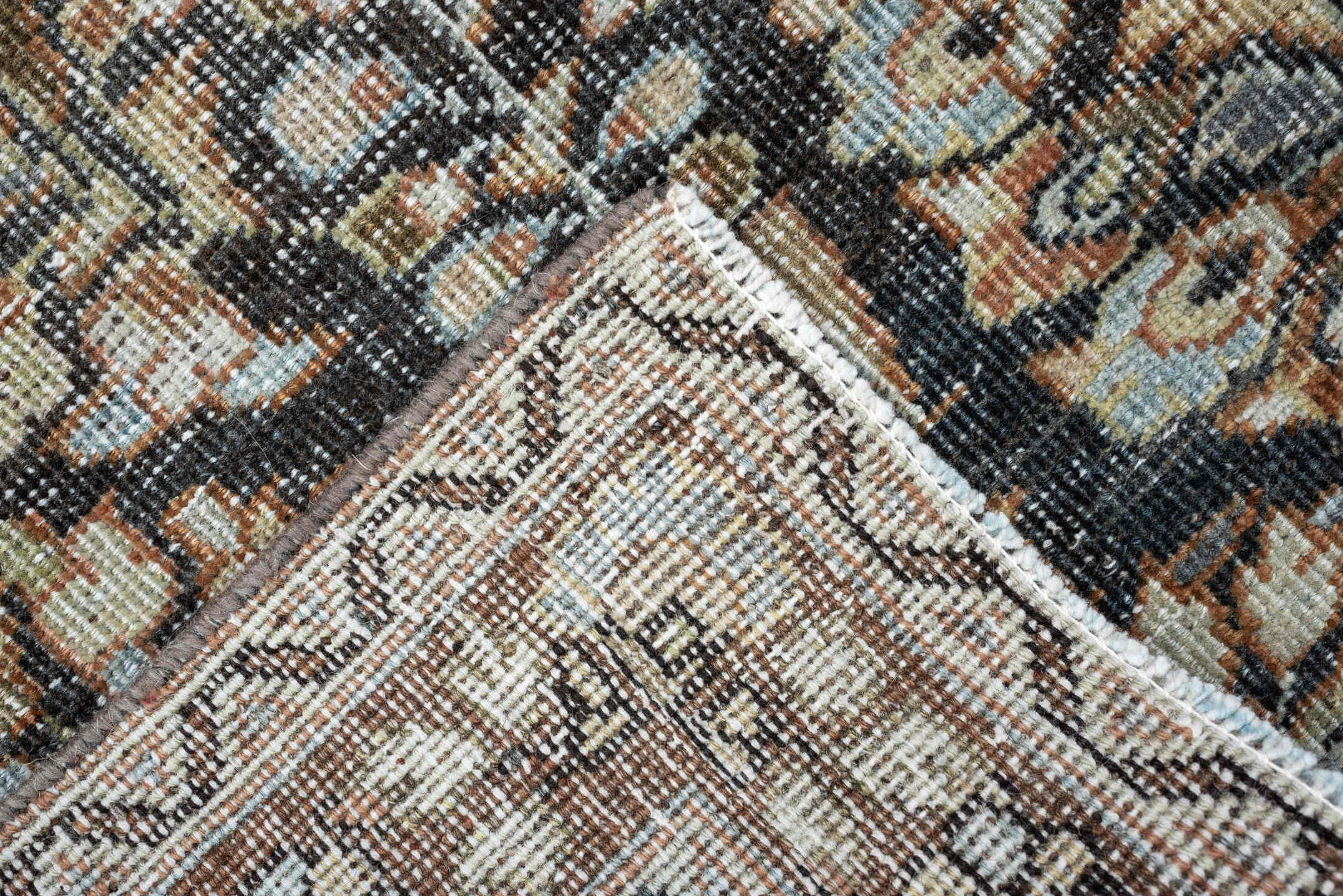 4' x 6' one-of-a-kind handmade antique Mahal small size rug. Color palette: rust, ivory, slate, taupe, camel, sage, charcoal