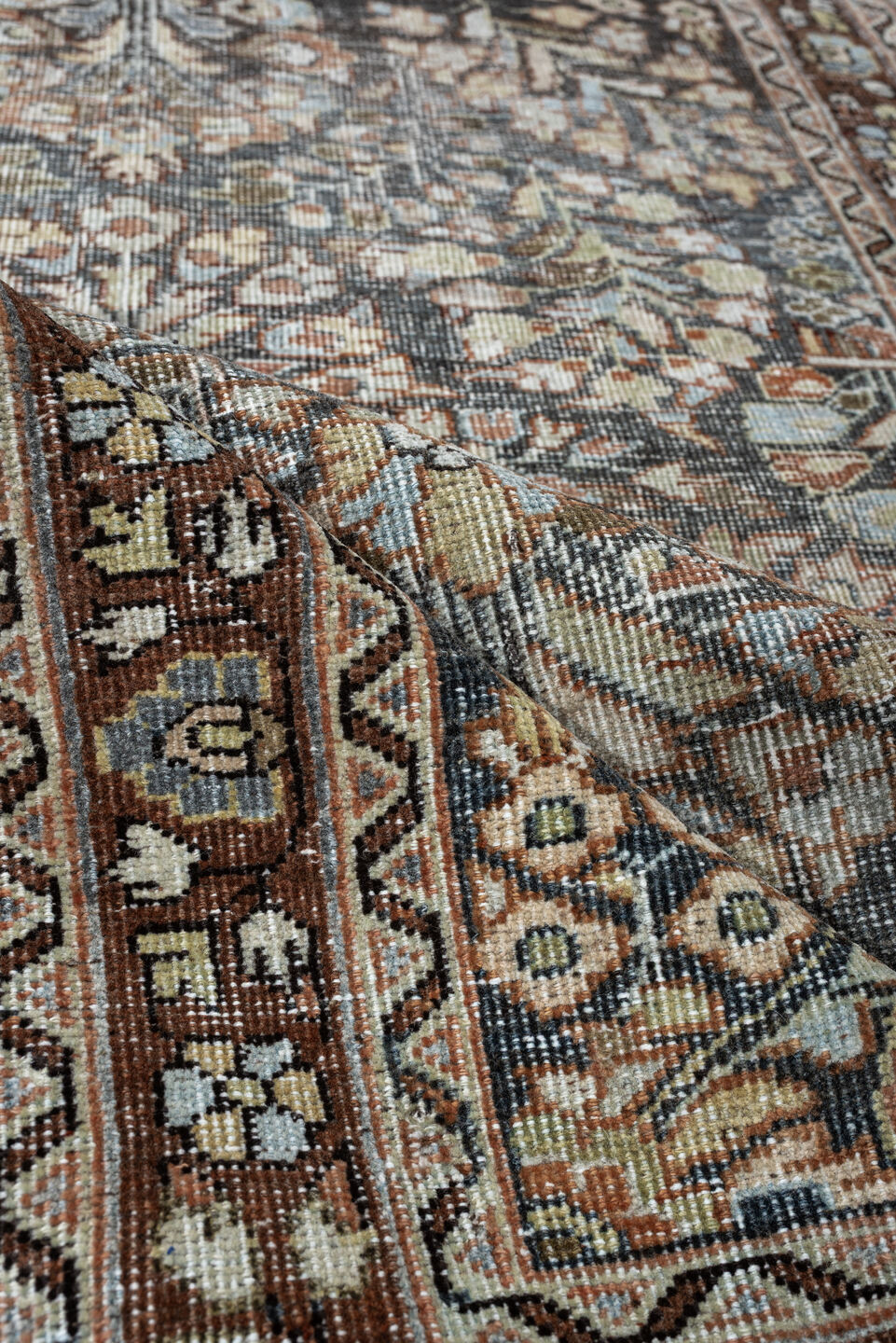 4' x 6' one-of-a-kind handmade antique Mahal small size rug. Color palette: rust, ivory, slate, taupe, camel, sage, charcoal