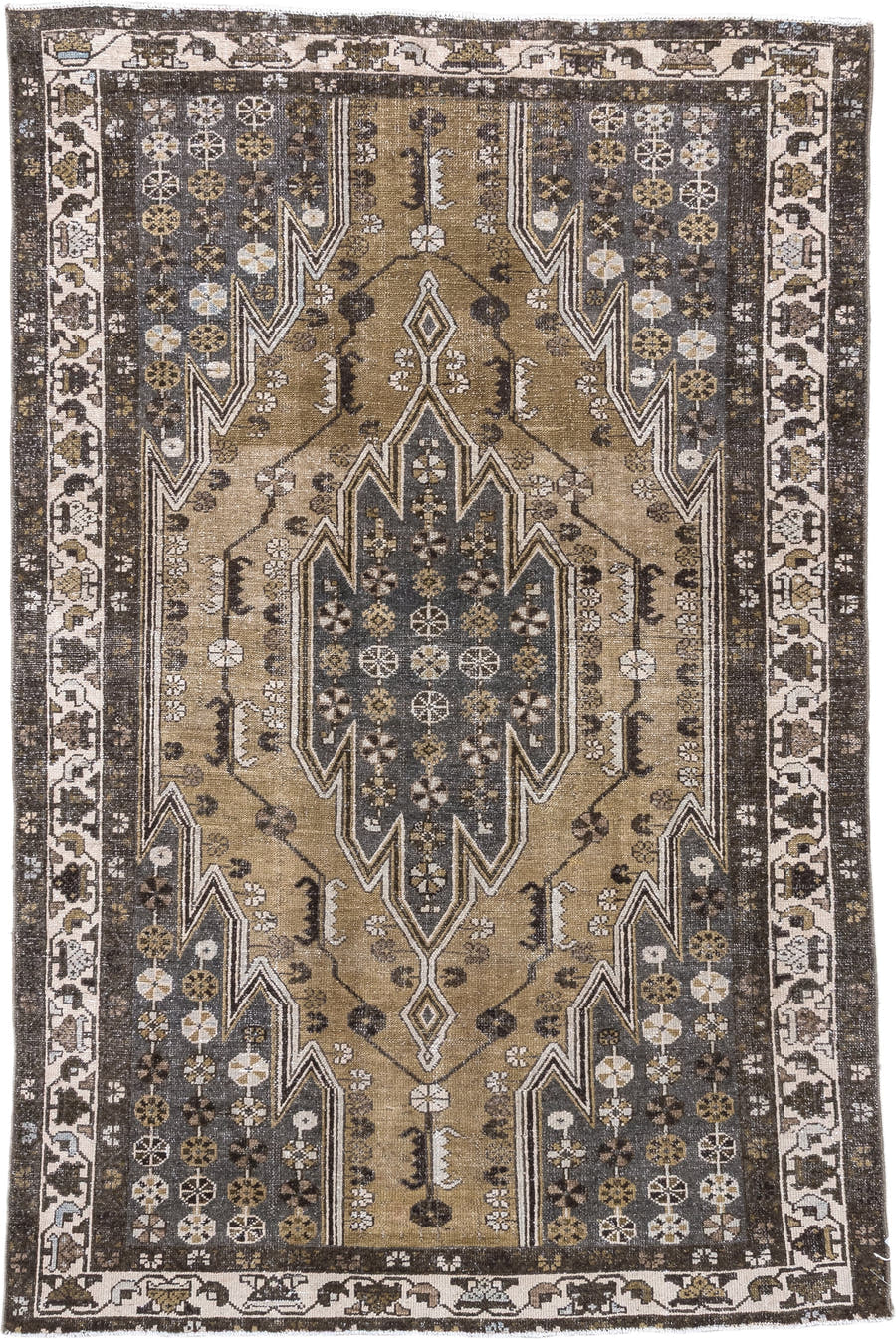 4' x 6' one-of-a-kind handmade antique Mazlaghan small size rug. Color palette: camel, charcoal, ivory, taupe, olive, brown