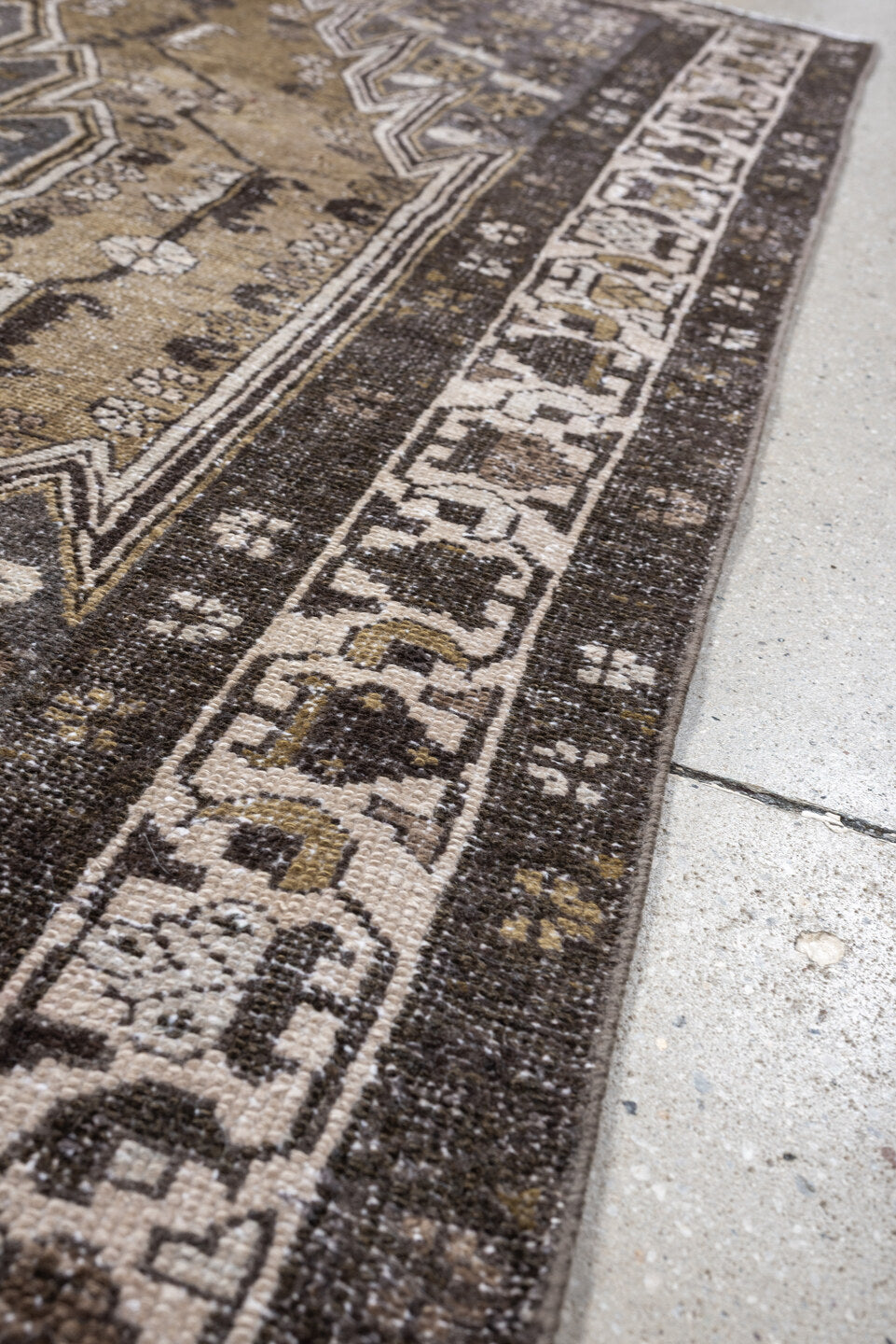 4' x 6' one-of-a-kind handmade antique Mazlaghan small size rug. Color palette: camel, charcoal, ivory, taupe, olive, brown