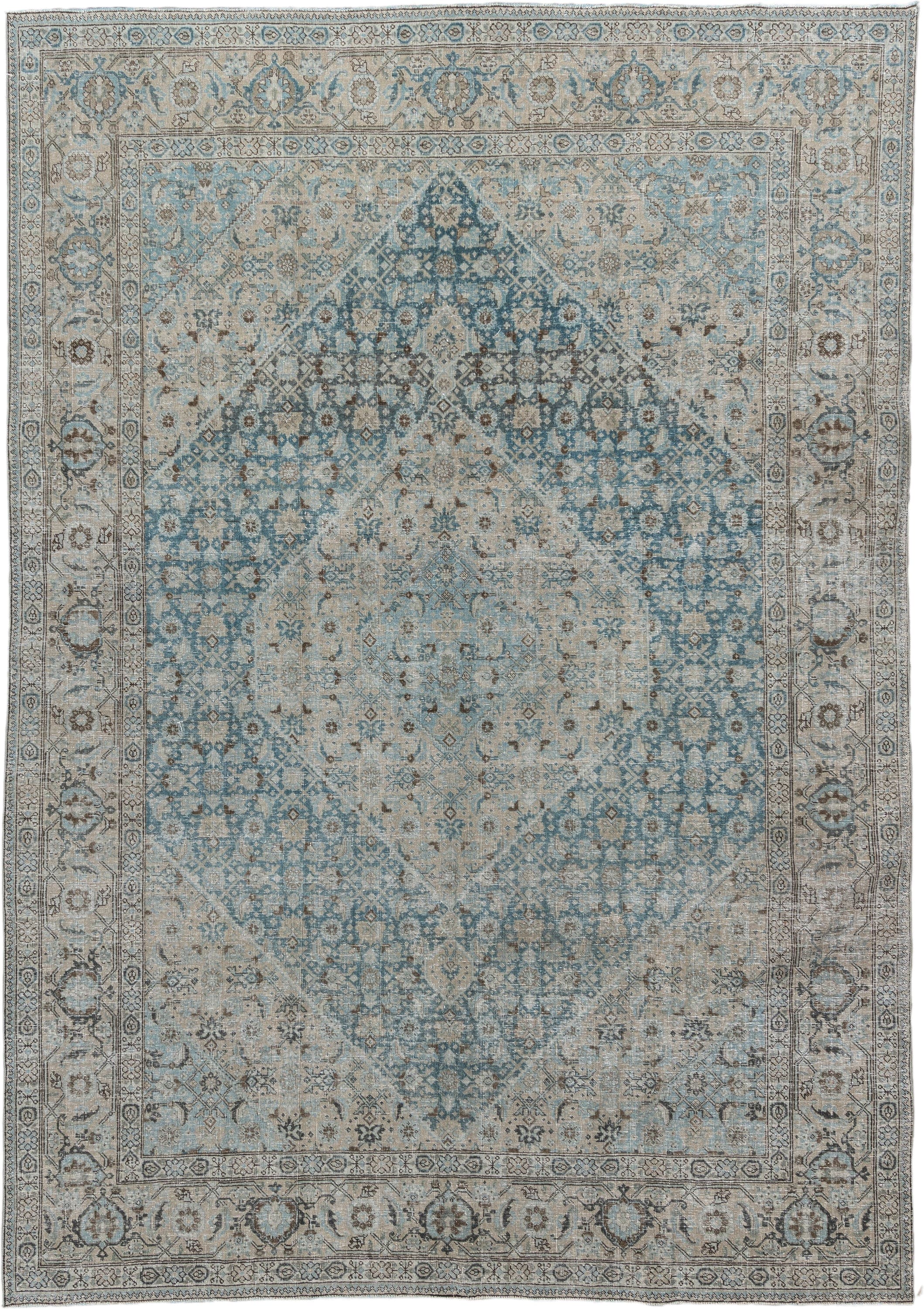 7' x 10' one-of-a-kind handmade antique Tabriz large size rug. Color palette: ivory, sky blue, taupe, slate, beige, charcoal