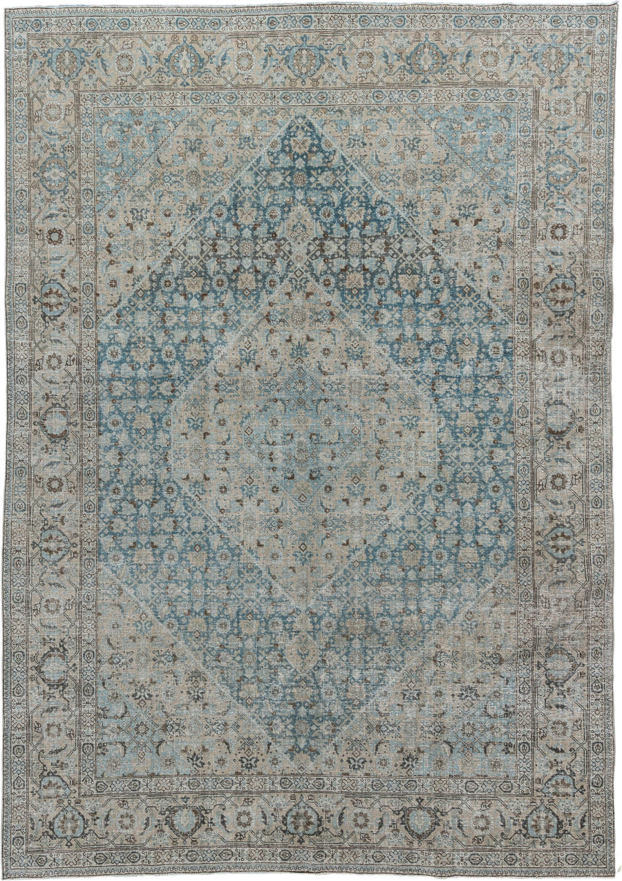 7' x 10' one-of-a-kind handmade antique Tabriz large size rug. Color palette: ivory, sky blue, taupe, slate, beige, charcoal