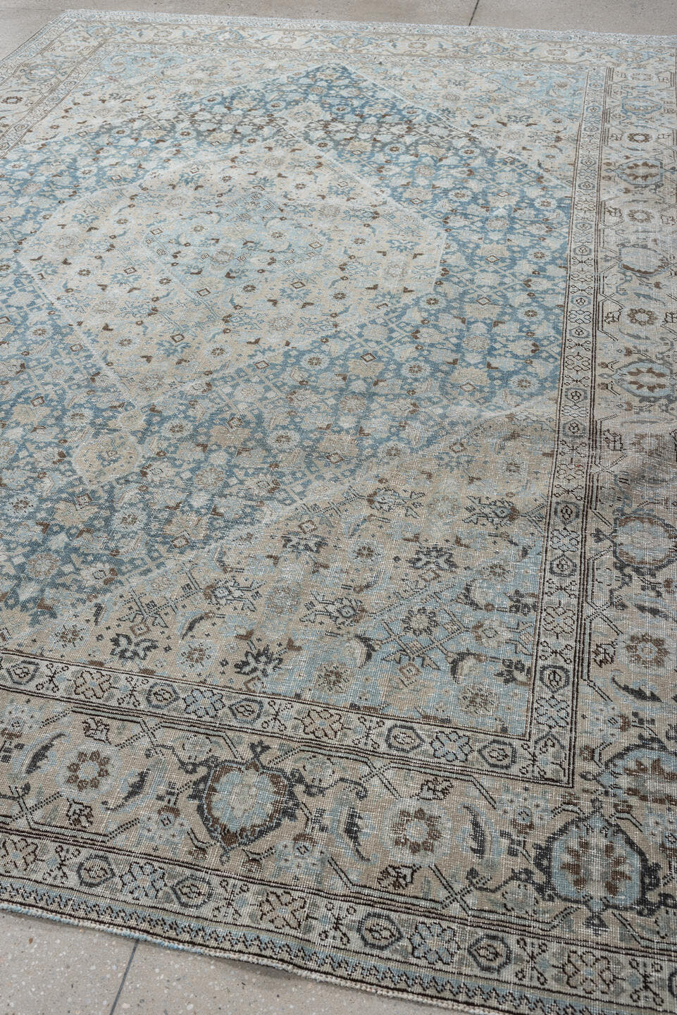 7' x 10' one-of-a-kind handmade antique Tabriz large size rug. Color palette: ivory, sky blue, taupe, slate, beige, charcoal