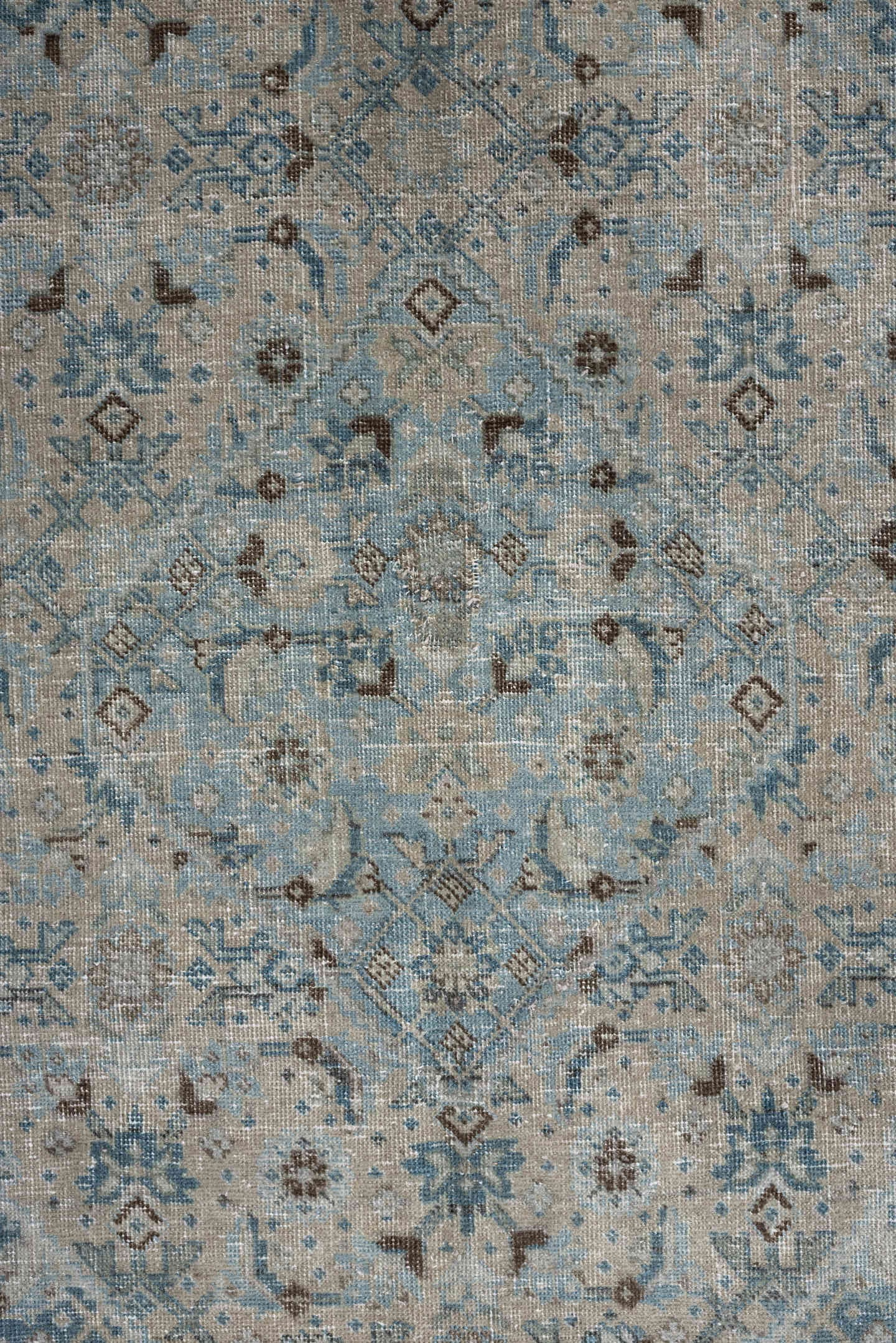 7' x 10' one-of-a-kind handmade antique Tabriz large size rug. Color palette: ivory, sky blue, taupe, slate, beige, charcoal