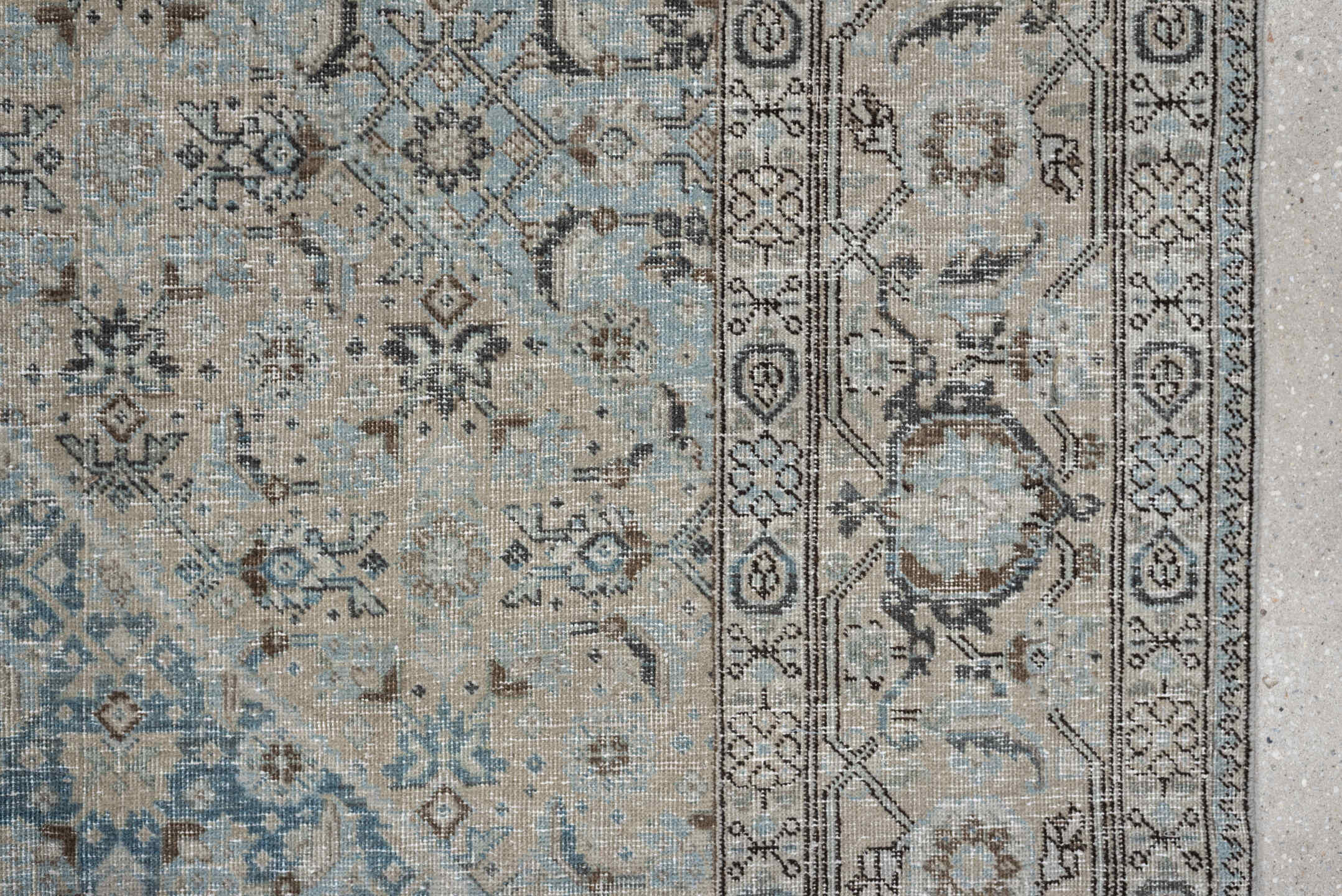 7' x 10' one-of-a-kind handmade antique Tabriz large size rug. Color palette: ivory, sky blue, taupe, slate, beige, charcoal