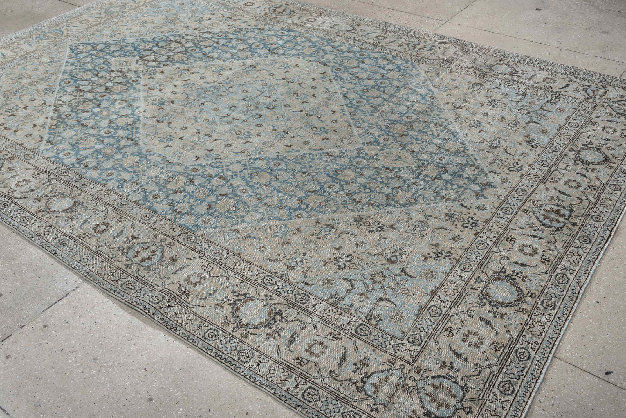 7' x 10' one-of-a-kind handmade antique Tabriz large size rug. Color palette: ivory, sky blue, taupe, slate, beige, charcoal