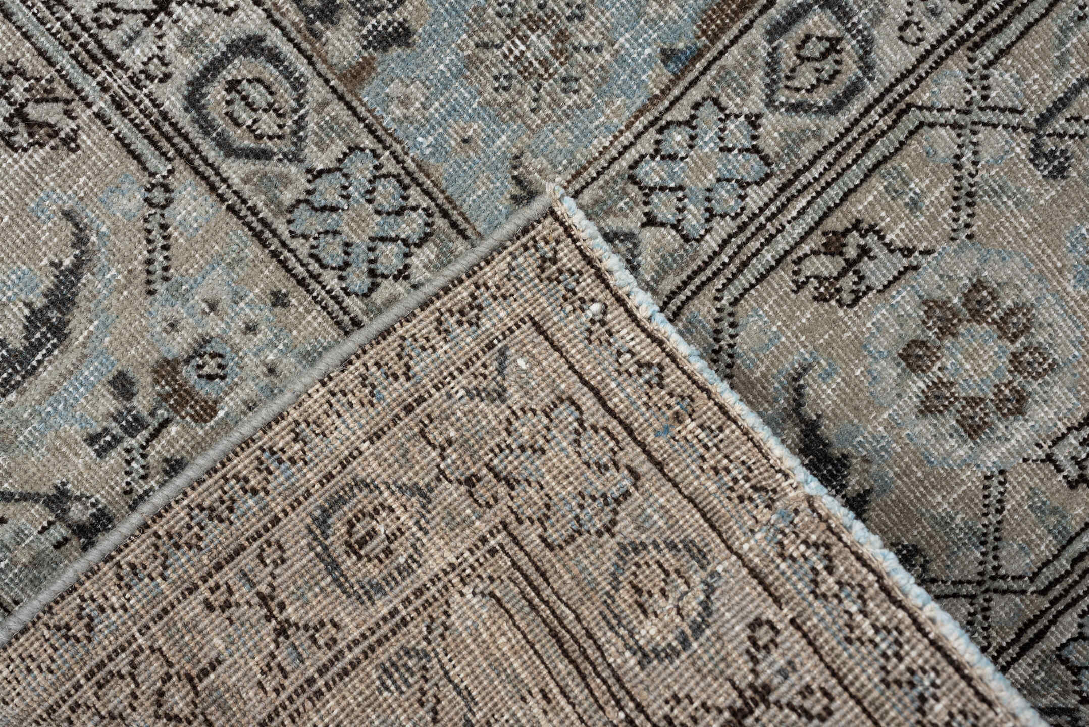 7' x 10' one-of-a-kind handmade antique Tabriz large size rug. Color palette: ivory, sky blue, taupe, slate, beige, charcoal