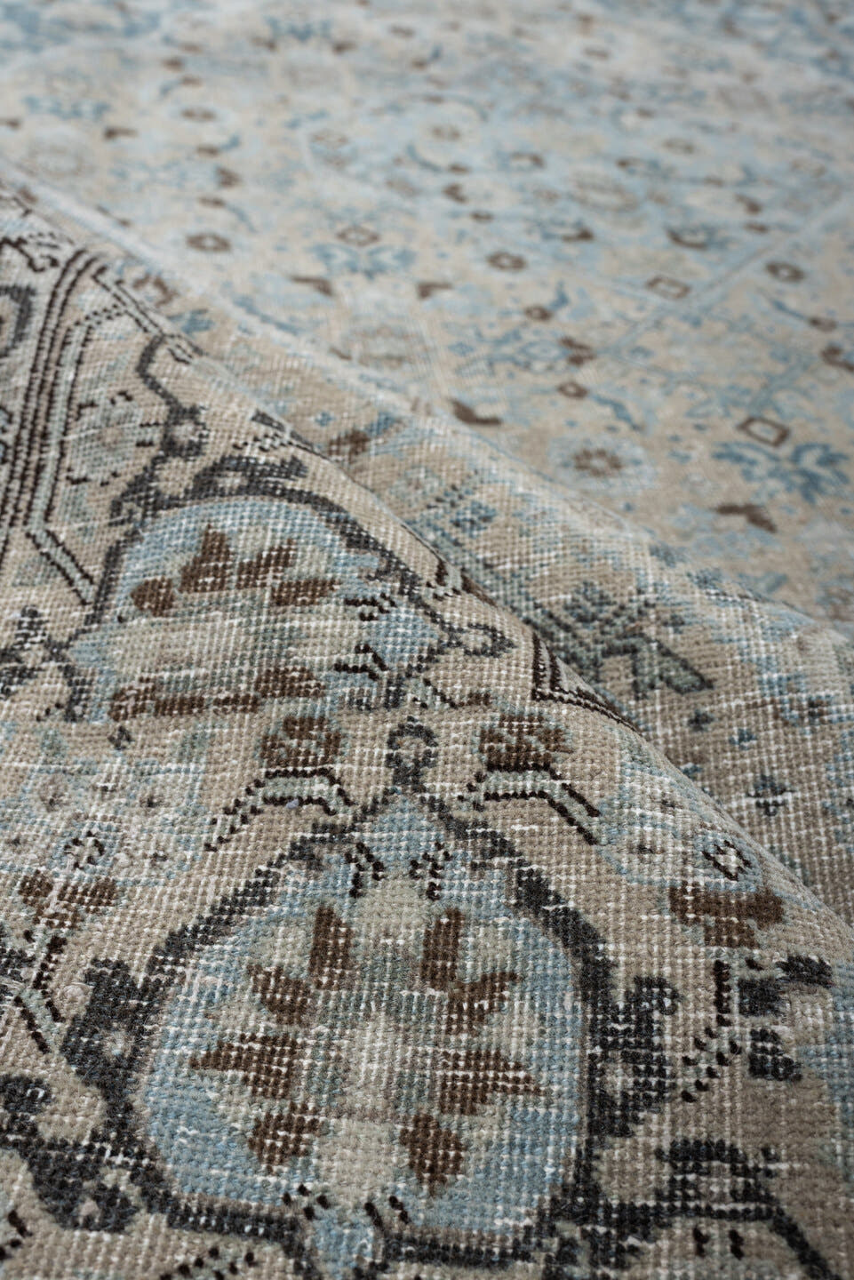 7' x 10' one-of-a-kind handmade antique Tabriz large size rug. Color palette: ivory, sky blue, taupe, slate, beige, charcoal
