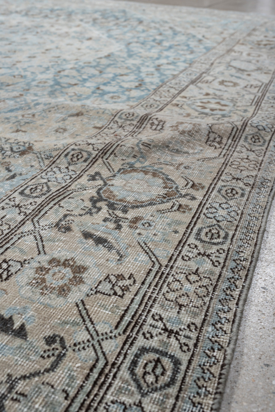 7' x 10' one-of-a-kind handmade antique Tabriz large size rug. Color palette: ivory, sky blue, taupe, slate, beige, charcoal