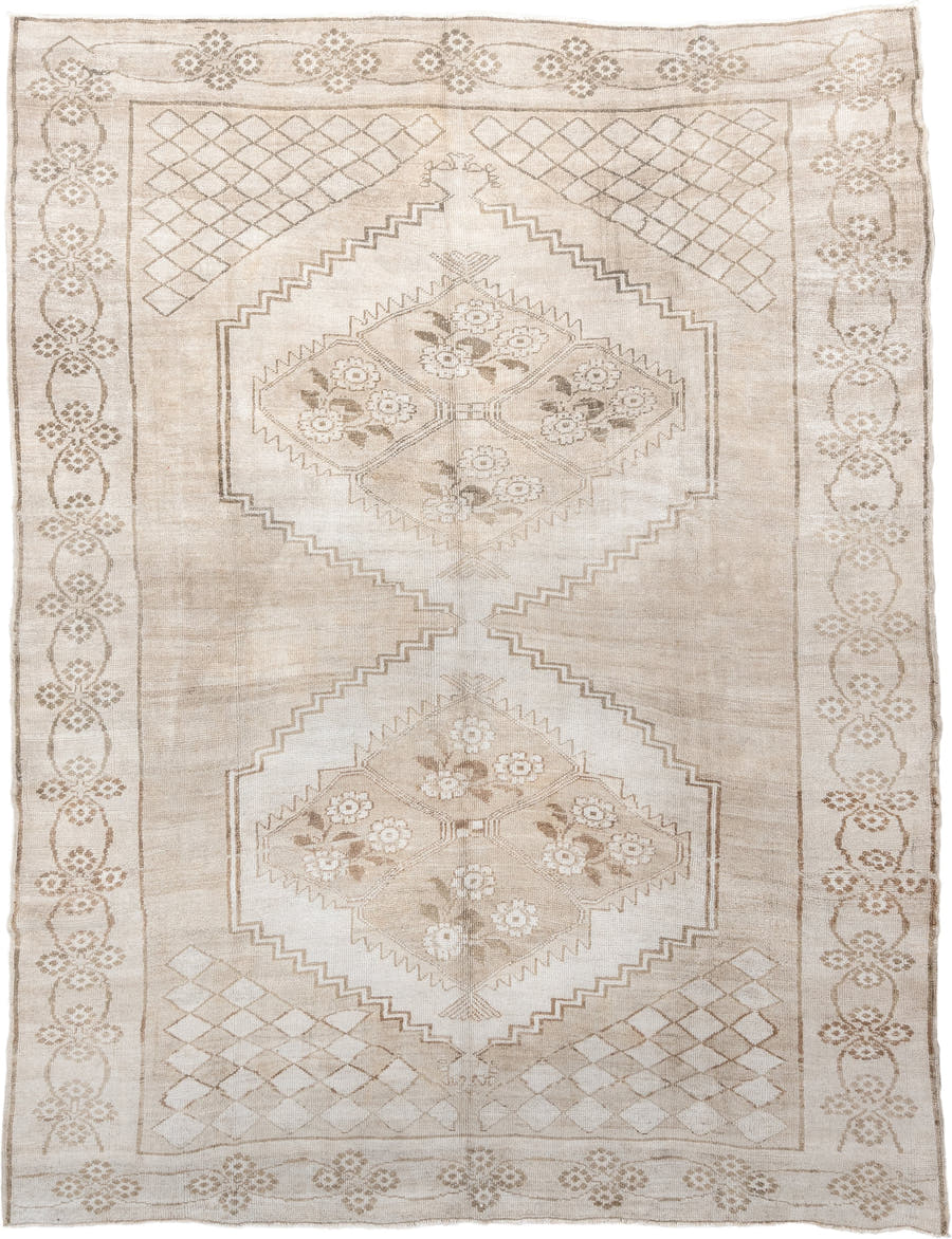 9' x 11' one-of-a-kind handmade antique Kars large size rug. Color palette: ivory, beige, taupe, camel, sand, gray