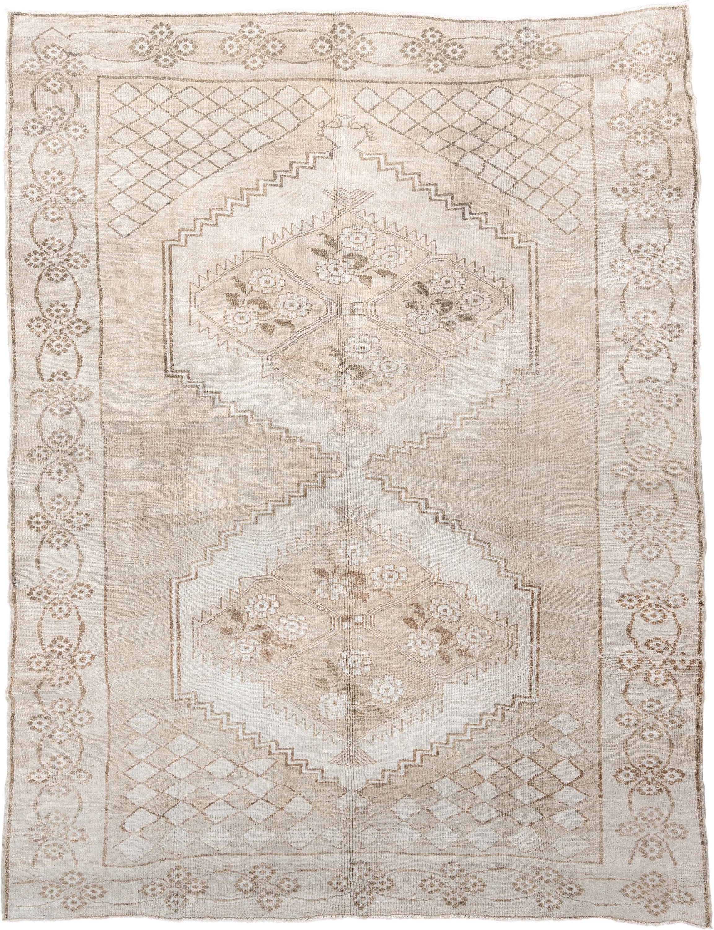 9' x 11' one-of-a-kind handmade antique Kars large size rug. Color palette: ivory, beige, taupe, camel, sand, gray