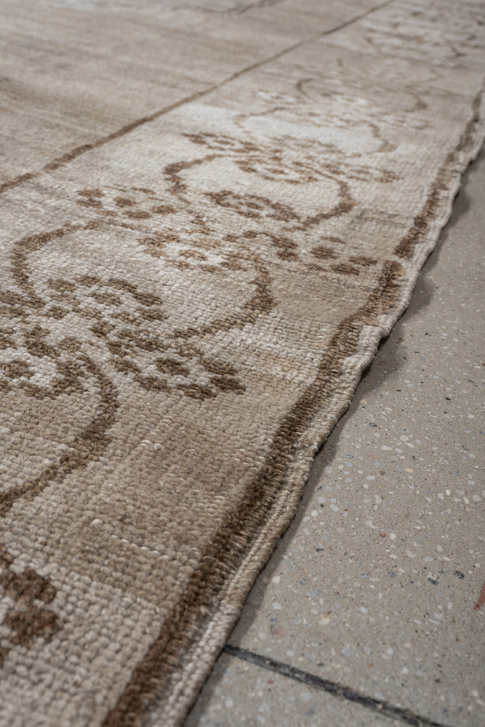 9' x 11' one-of-a-kind handmade antique Kars large size rug. Color palette: ivory, beige, taupe, camel, sand, gray