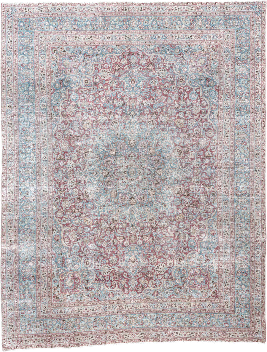 12' x 9' one-of-a-kind handmade vintage Khorassan rug. Color palette: sky blue, rose, ivory, dusty pink, taupe, soft aqua