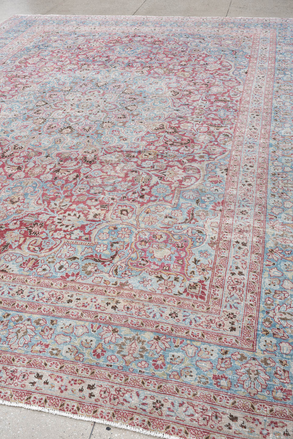 12' x 9' one-of-a-kind handmade vintage Khorassan rug. Color palette: sky blue, rose, ivory, dusty pink, taupe, soft aqua