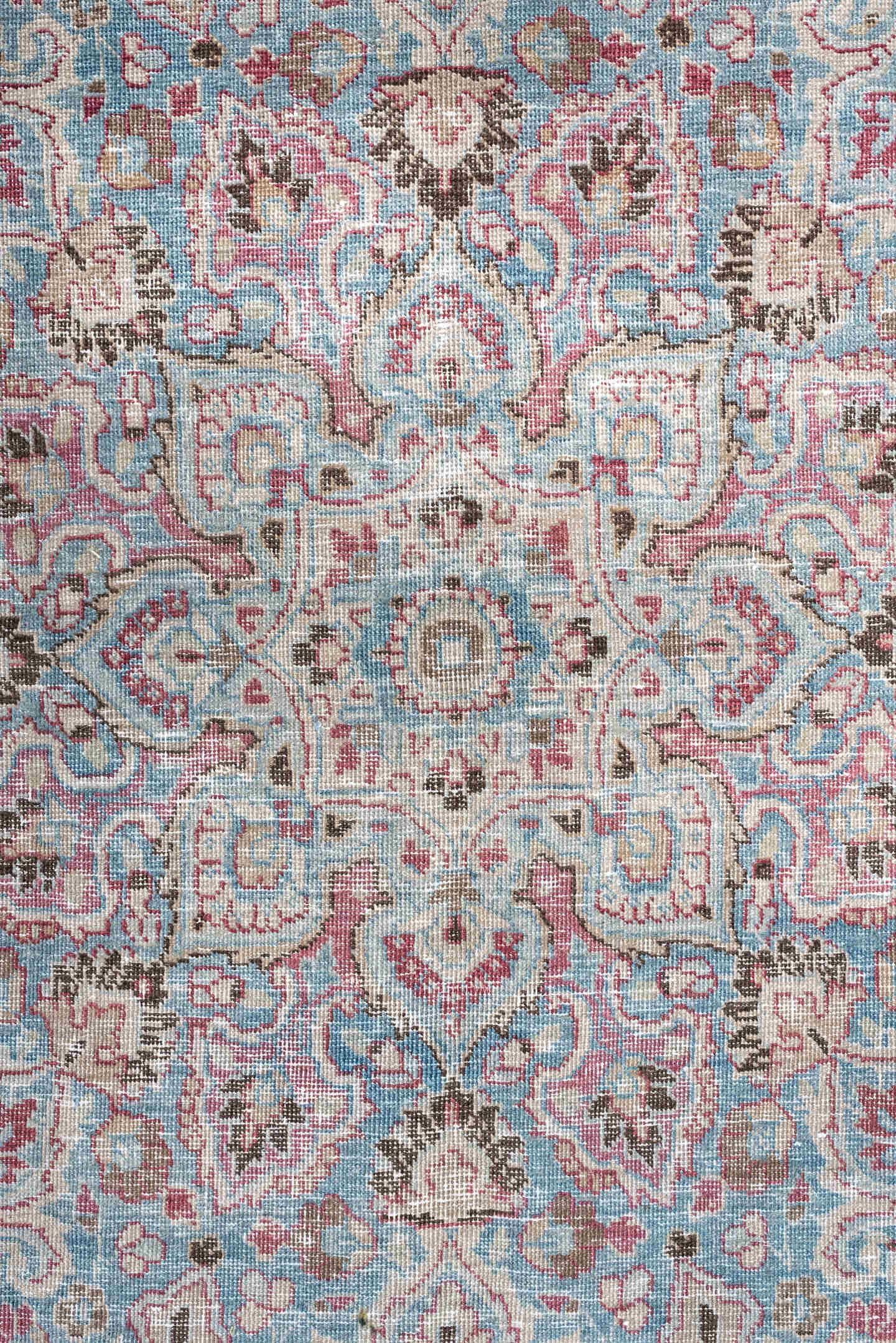 12' x 9' one-of-a-kind handmade vintage Khorassan rug. Color palette: sky blue, rose, ivory, dusty pink, taupe, soft aqua