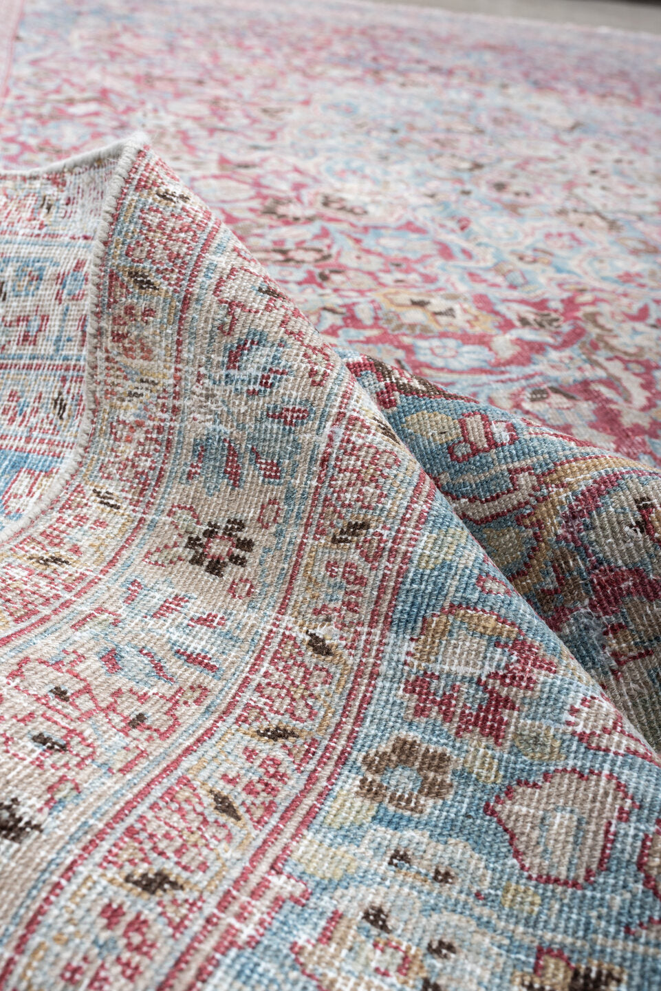 12' x 9' one-of-a-kind handmade vintage Khorassan rug. Color palette: sky blue, rose, ivory, dusty pink, taupe, soft aqua