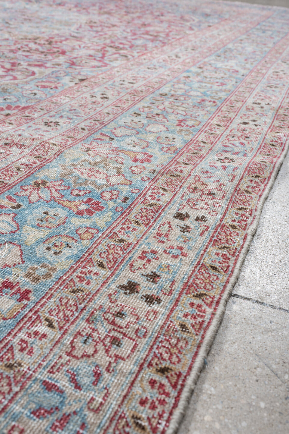12' x 9' one-of-a-kind handmade vintage Khorassan rug. Color palette: sky blue, rose, ivory, dusty pink, taupe, soft aqua