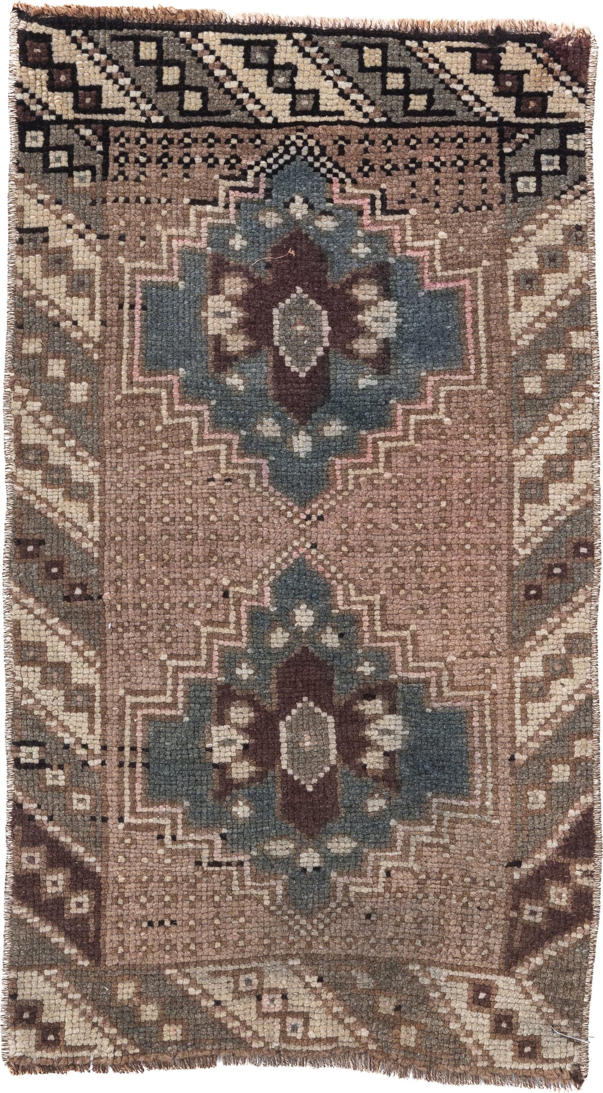 2' x 3' one-of-a-kind handmade vintage Oushak small size rug. Color palette: taupe, ivory, slate, charcoal, brown, rose